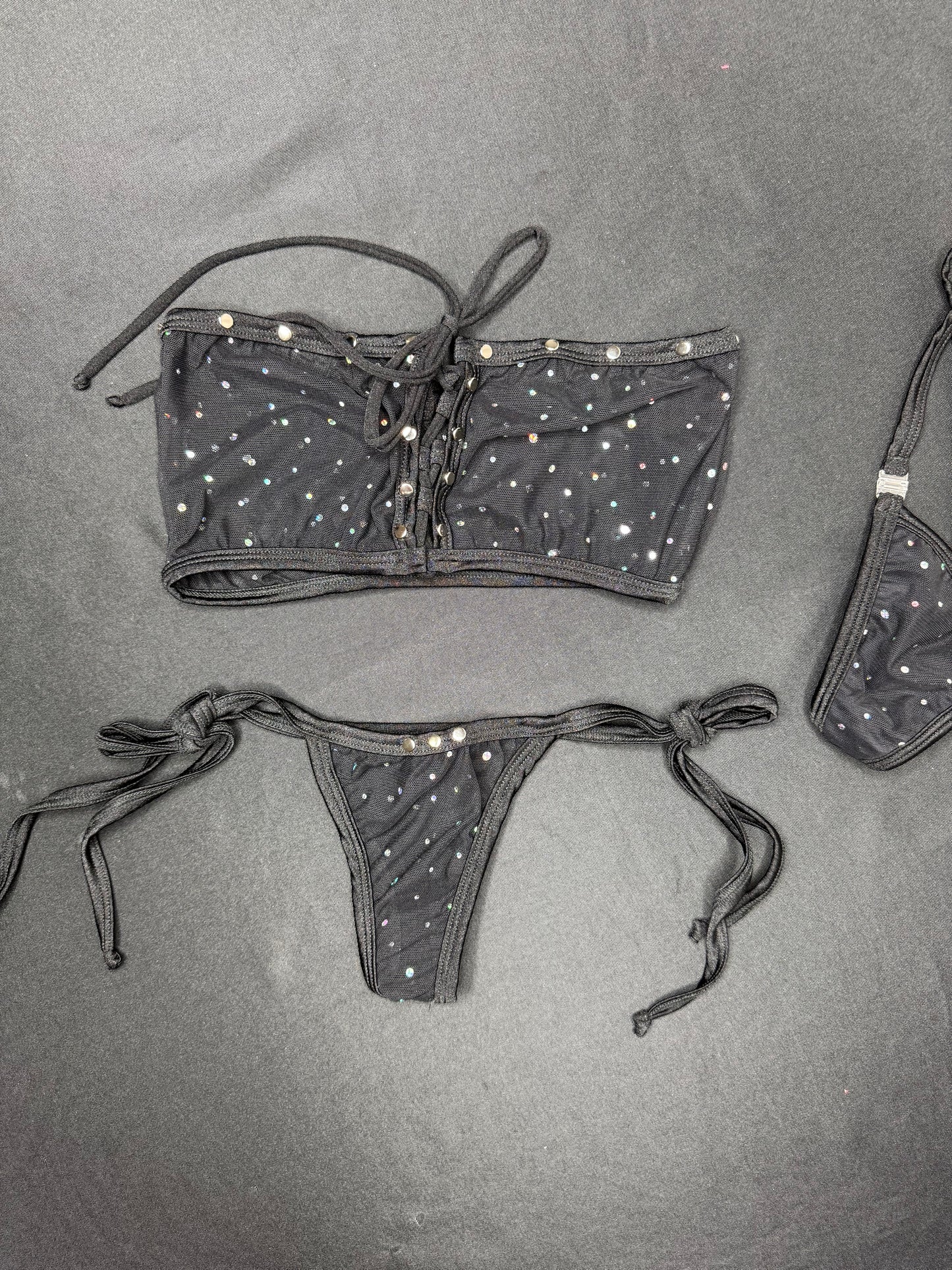Black Sparkle Mesh Tube Top/Side-Tie Bikini Bottoms Two-Piece Lingerie Outfit