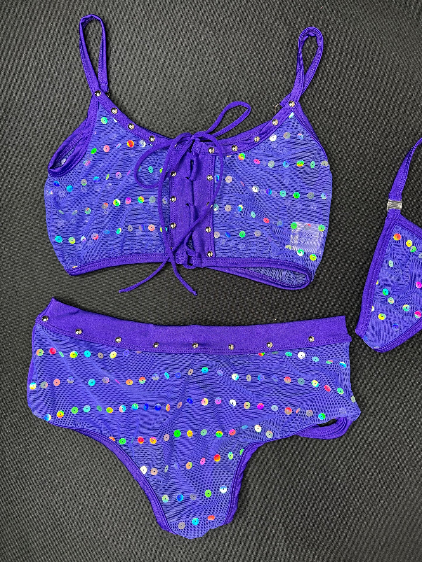 Purple Mesh Sports Bras/Shorts Ripped Back Two-Piece Lingerie Outfit