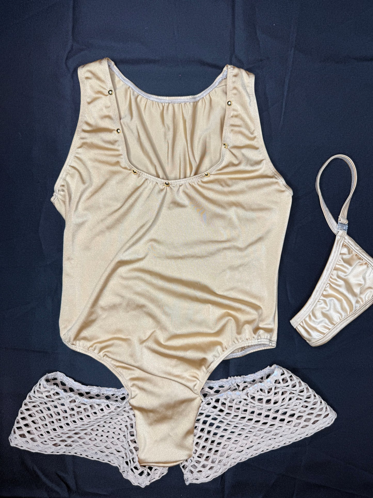 Tan Fishnet Spandex One-Piece Romper Lingerie Outfit