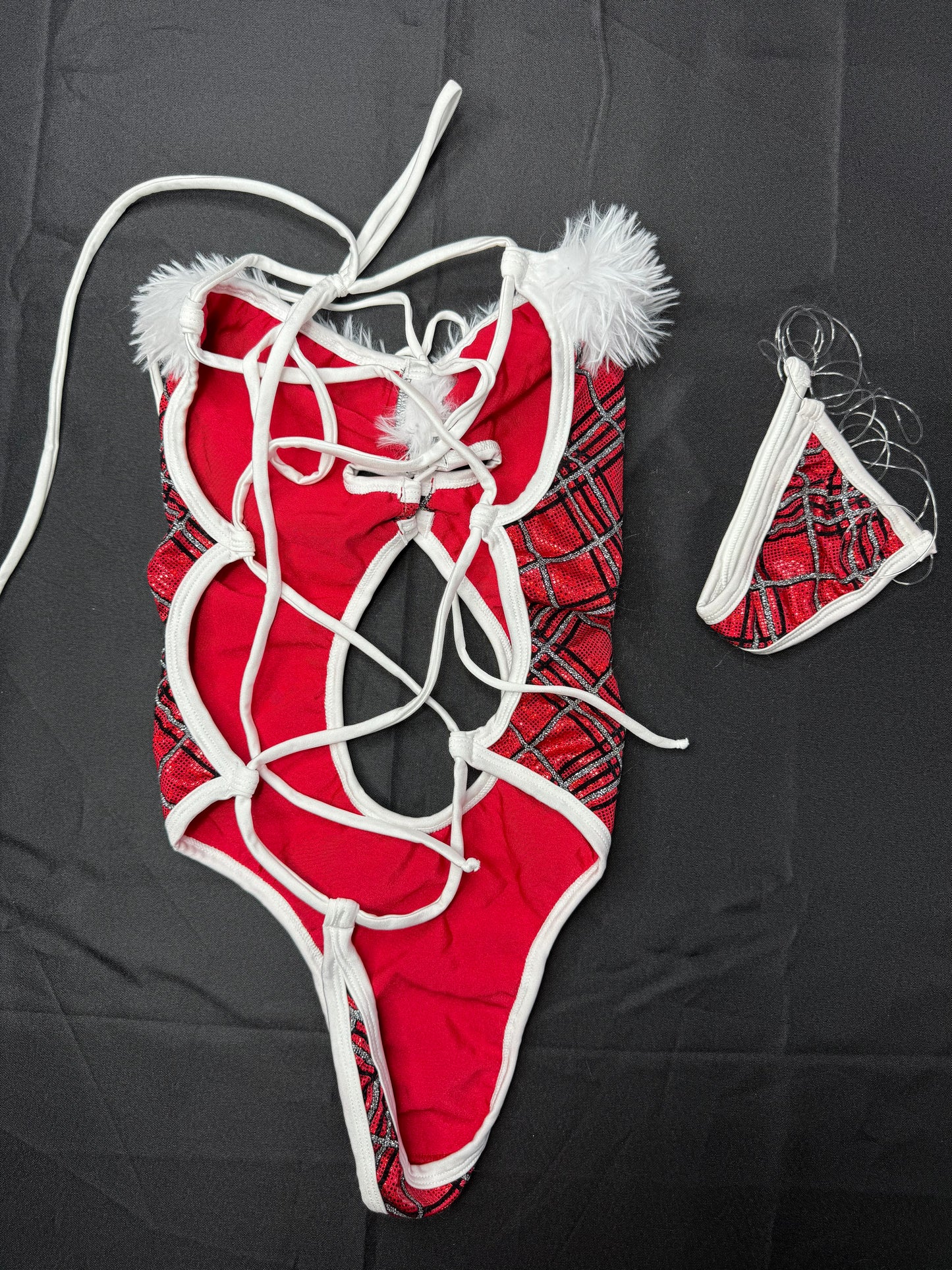 Red/White Fur One-Piece With Hat Christmas Lingerie Outfit