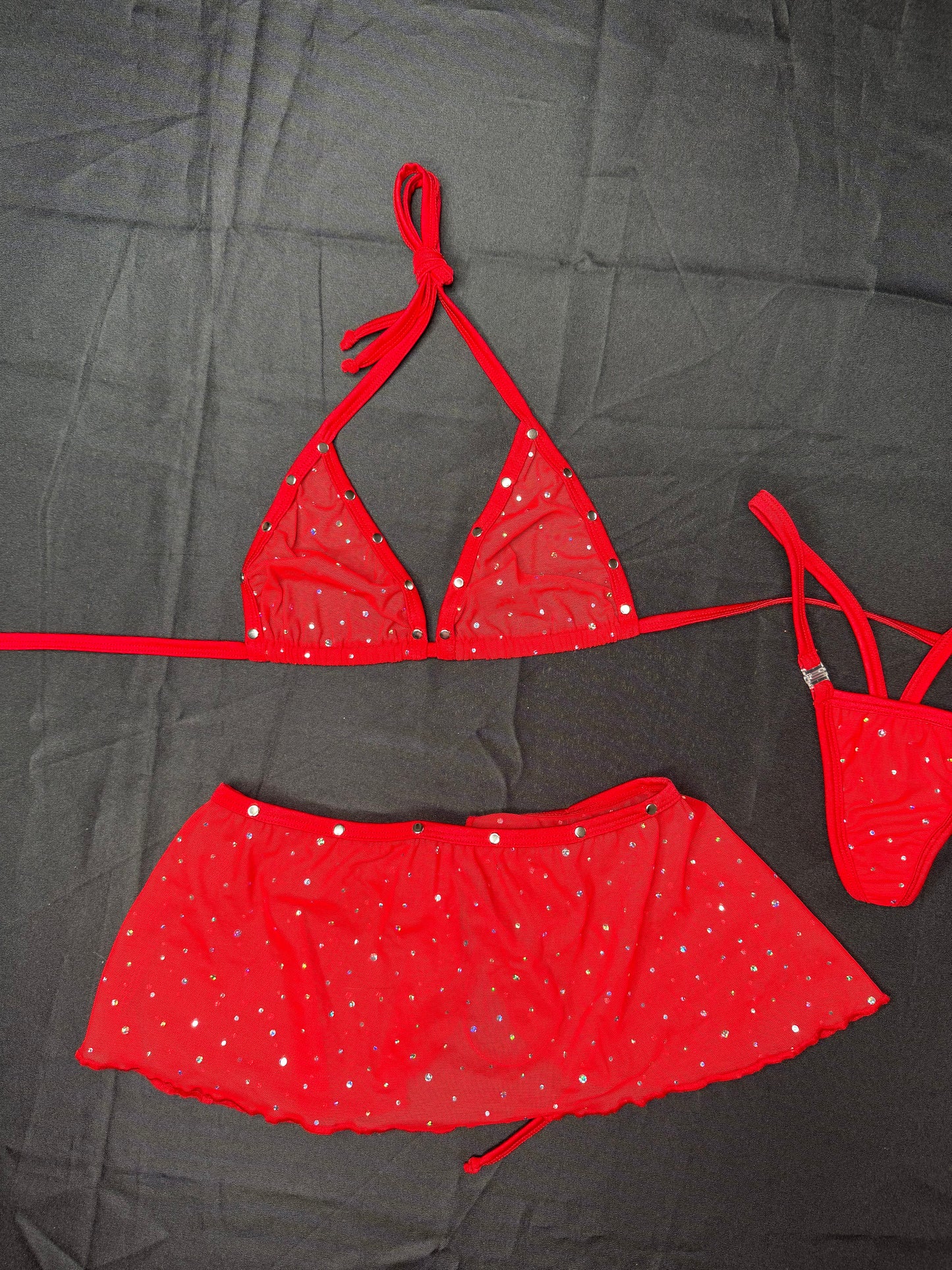 Red Sparkle Mesh Bikini Top/Skirt Two-Piece Lingerie Outfit