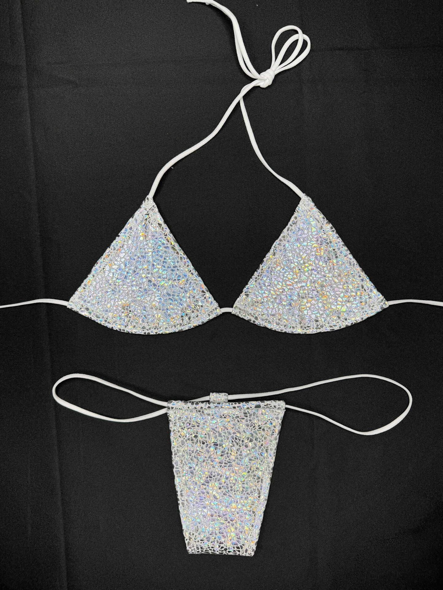 Metallic Silver/White Two-Piece Micro Bikini Outfit