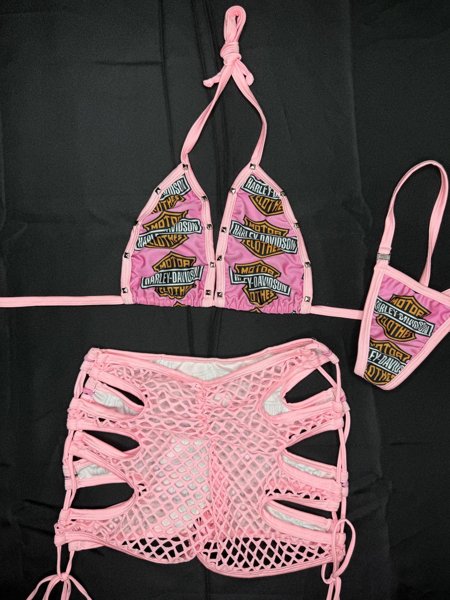 Harley Pink/Baby Pink Spandex Fishnet Shorts/Bikini Top Two-Piece Lingerie Outfit