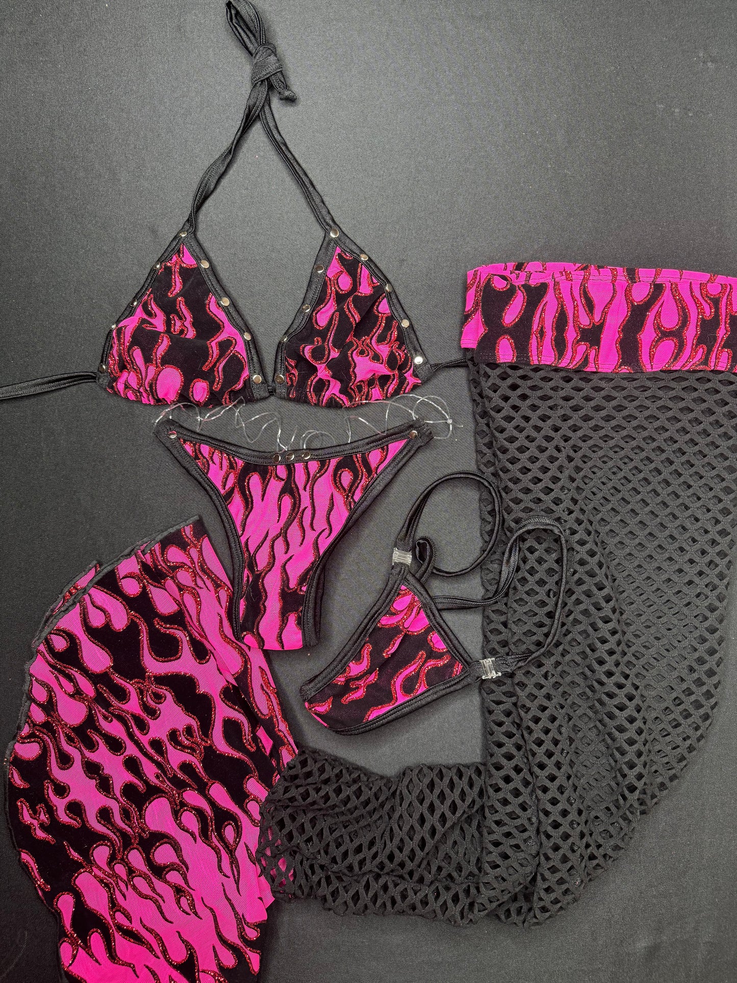 Pink Flame Mesh/Black Fishnet Leg Outfit Lingerie Outfit