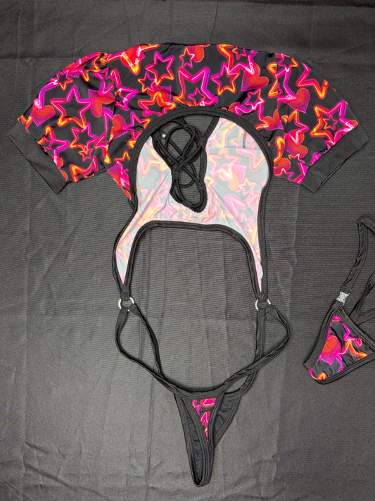 Star Print/Black Spandex Short Sleeve Sling-Shot One-Piece Lingerie Outfit