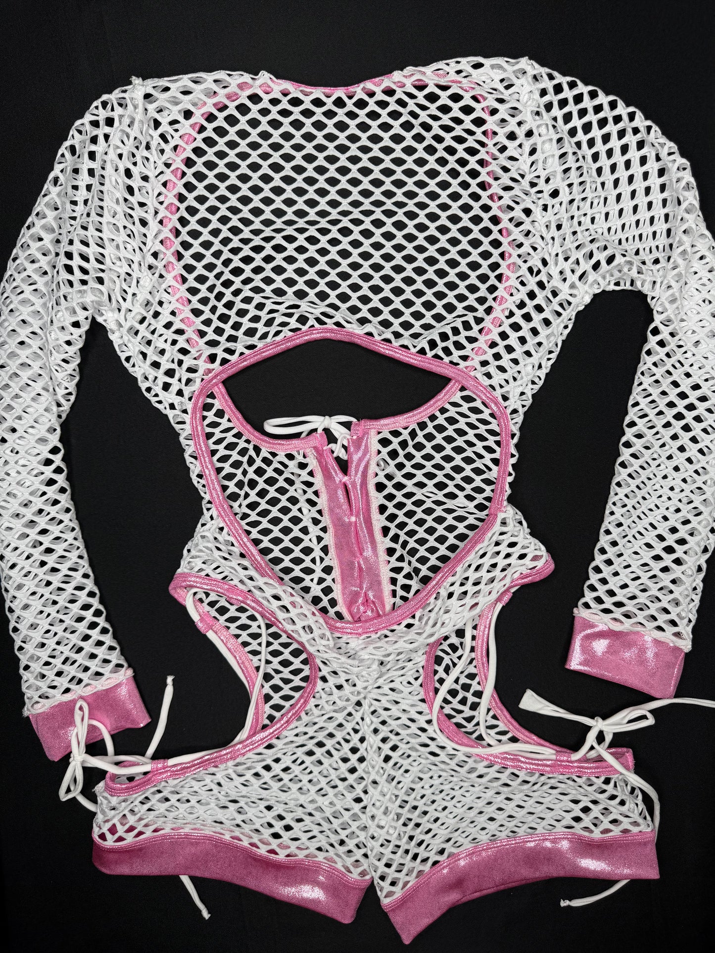 Pink Microdot Spandex/White Fishnet Romper/Bikini Top One-Piece Lingerie Outfit