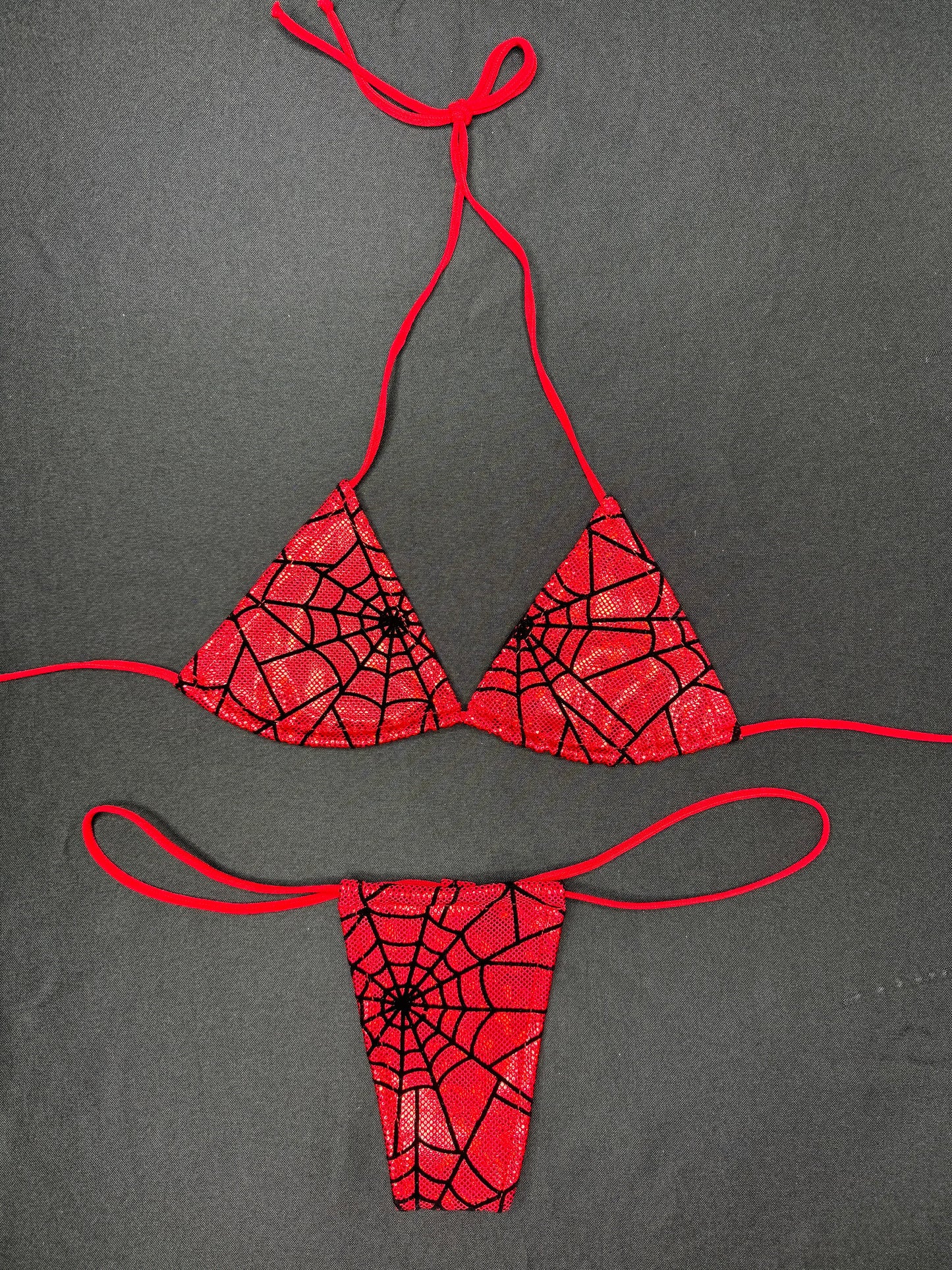 Red Web Print Two-Piece Micro Bikini Lingerie Outfit