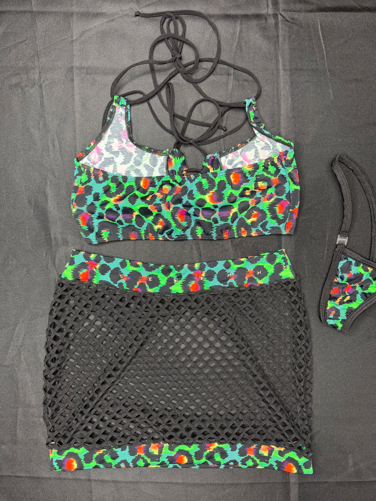 Green Animal Print Sports Bra/Black Fishnet Skirt Two-Piece Skirt Lingerie Outfit