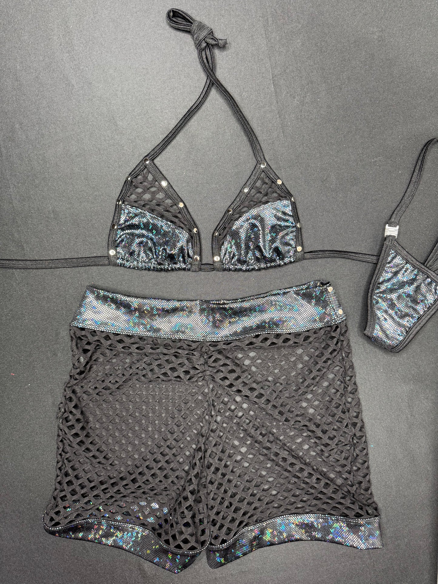 Metallic Black Spandex/Black Fishnet Shorts Two-Piece Lingerie Outfit