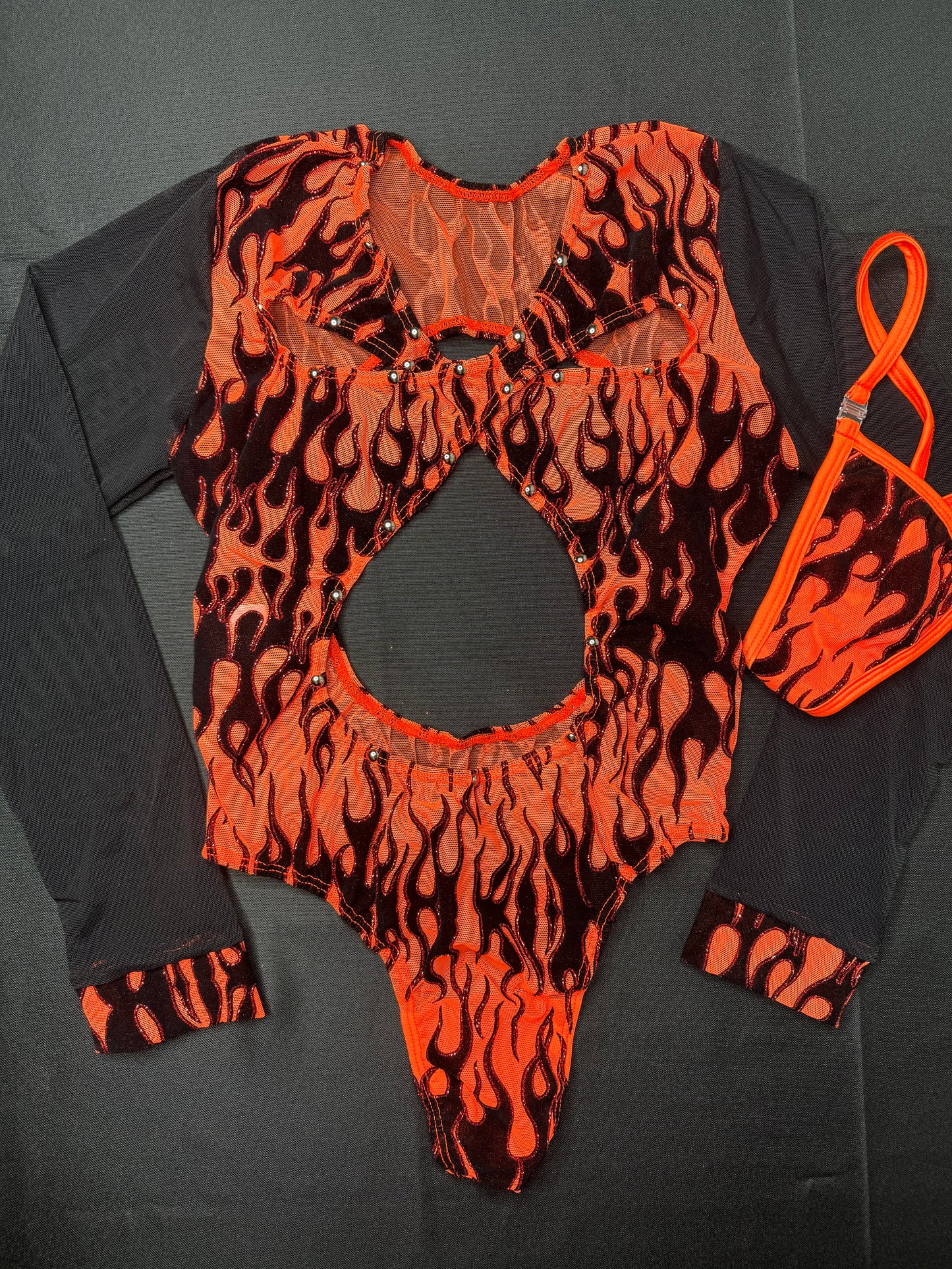 Orange Mesh Flame Glitter Cross Leotard Lingerie Outfit