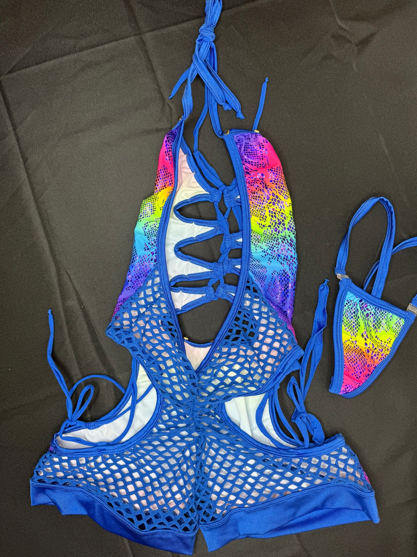 Royal Blue Fishnet Rainbow Animal Print Spandex One-Piece Romper Lingerie Outfit
