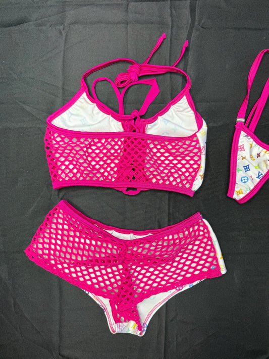 White Designer/Hot Pink Spandex Two-Piece Sports Bra/Shorts Lingerie Outfit