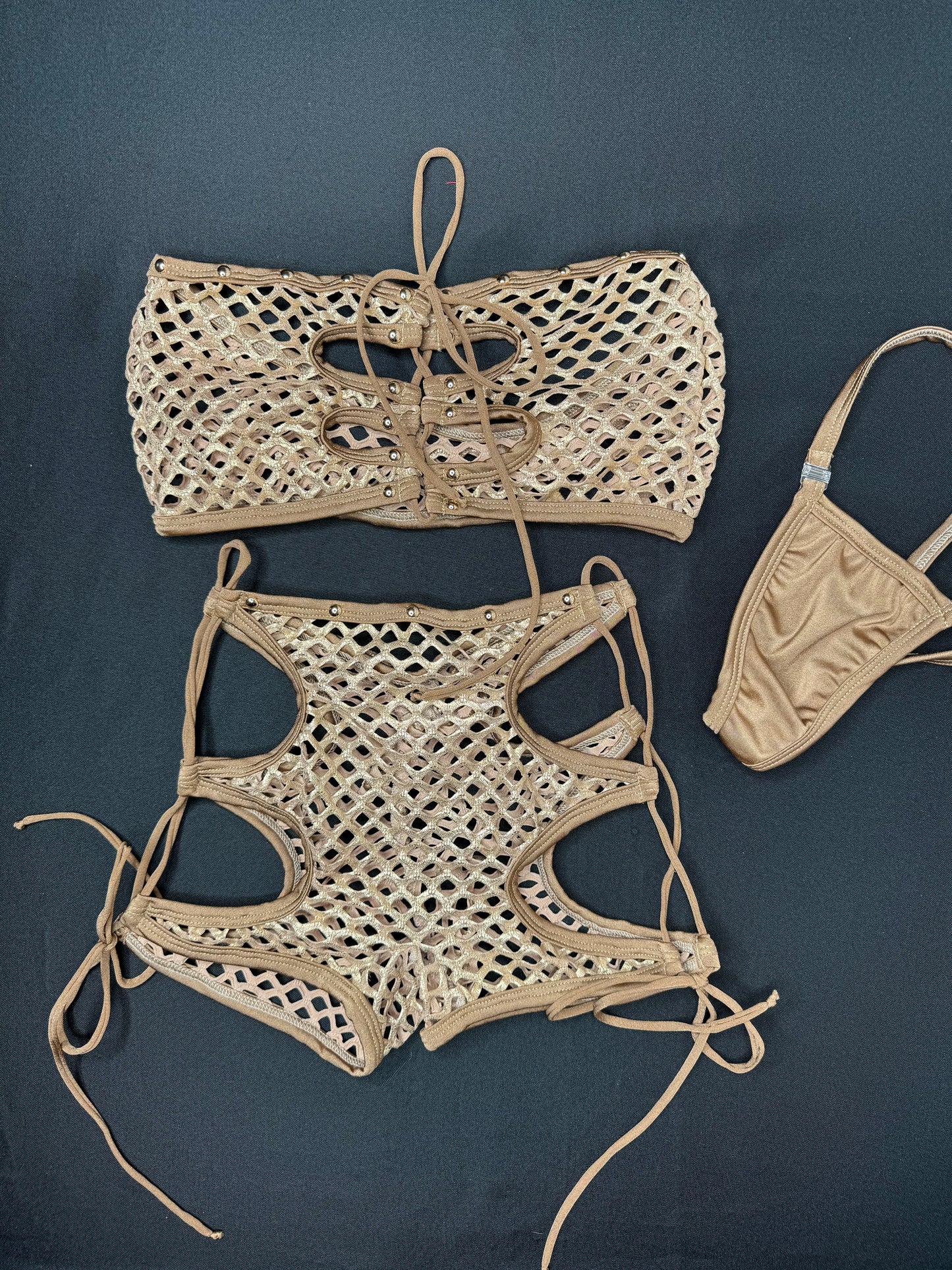 Gold Fishnet/Beige Tube Top/Shorts Two-Piece Lingerie Outfit