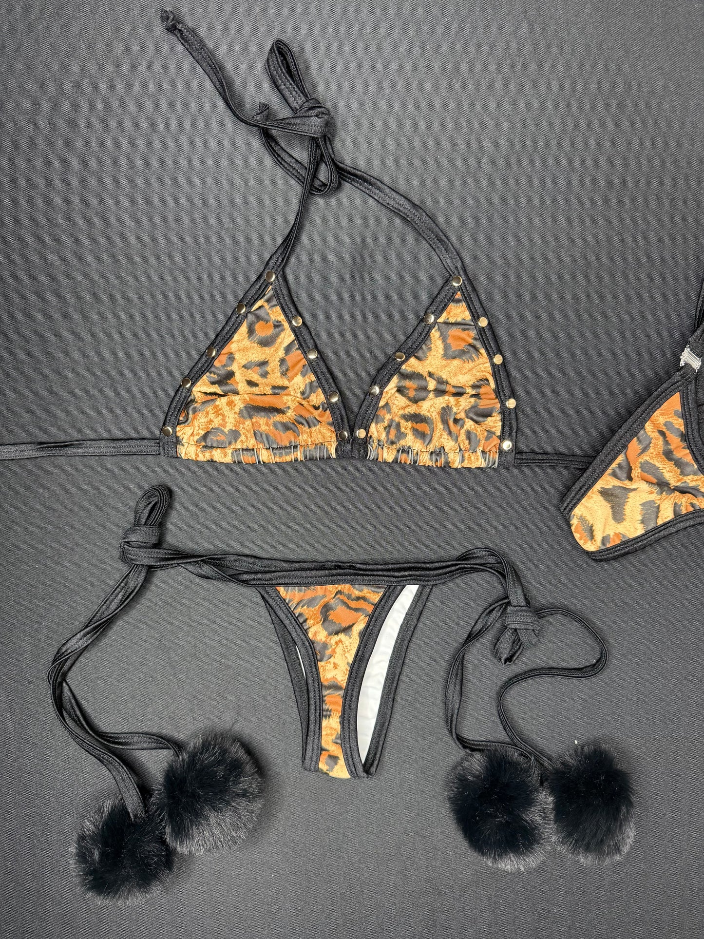 Cheetah Animal Print/Black Spandex/Black Fur Two-Piece Bikini Lingerie Outfit