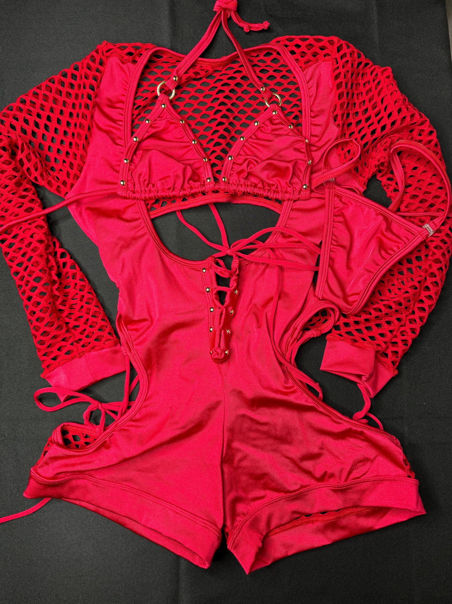 Red Spandex/Fishnet Long Sleeve Bartender Outfit