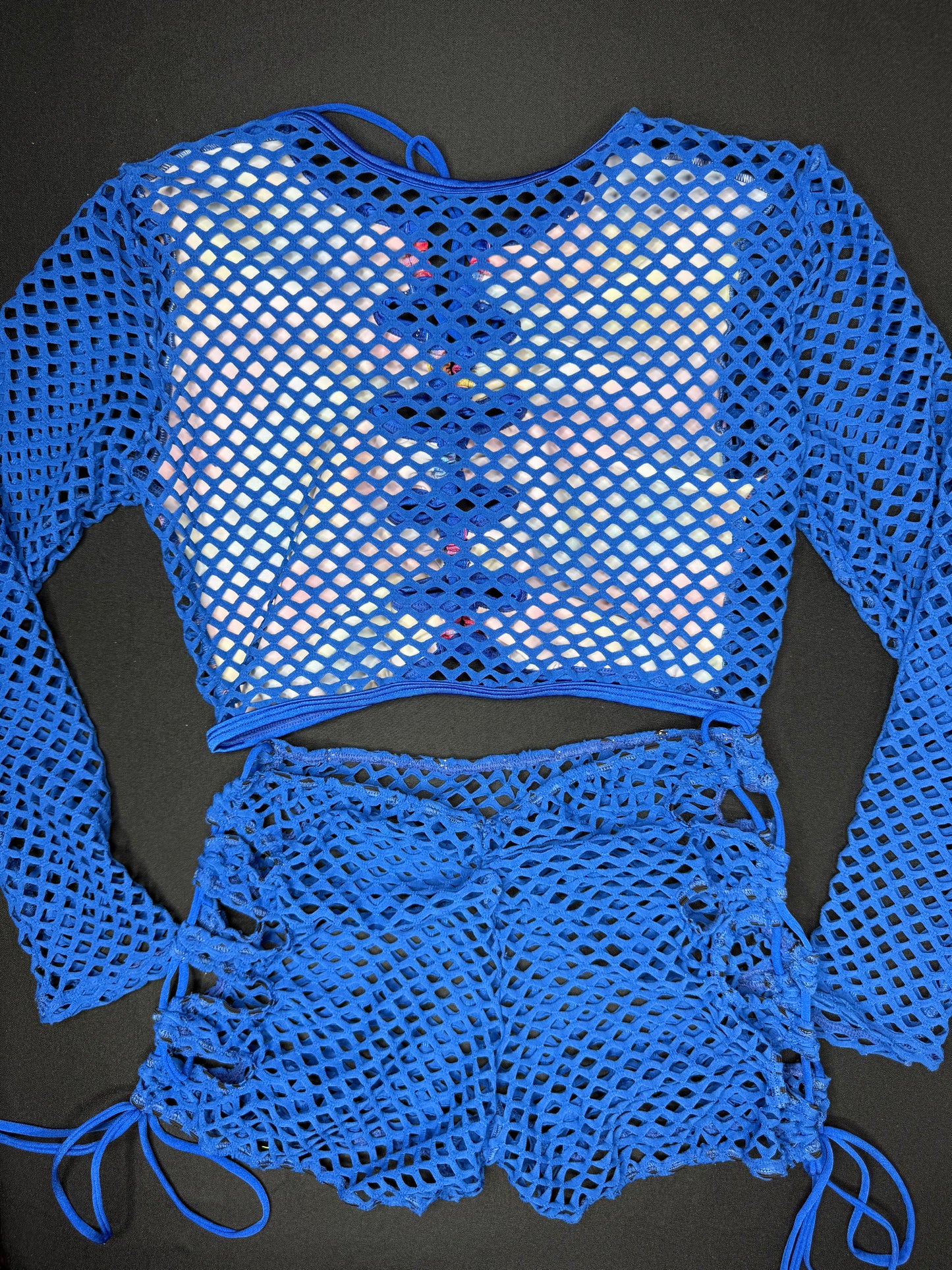 Royal Blue/Rainbow Long Sleeve/Shorts m/Cheeky Thong Three Piece Lingerie Outfit