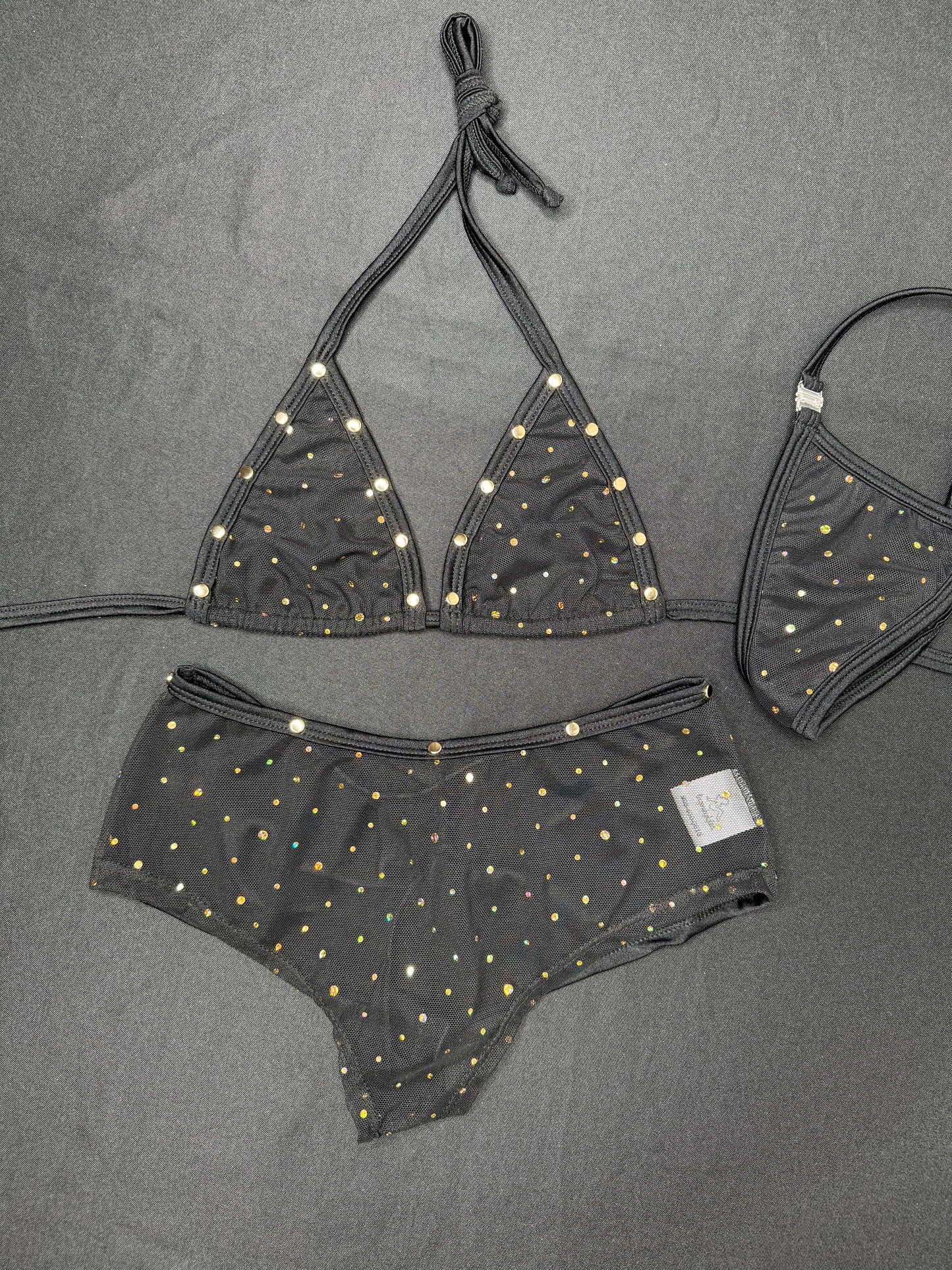 Black/Gold Mesh/Spandex Two-Piece Bikini Top/Shorts Lingerie Outfit