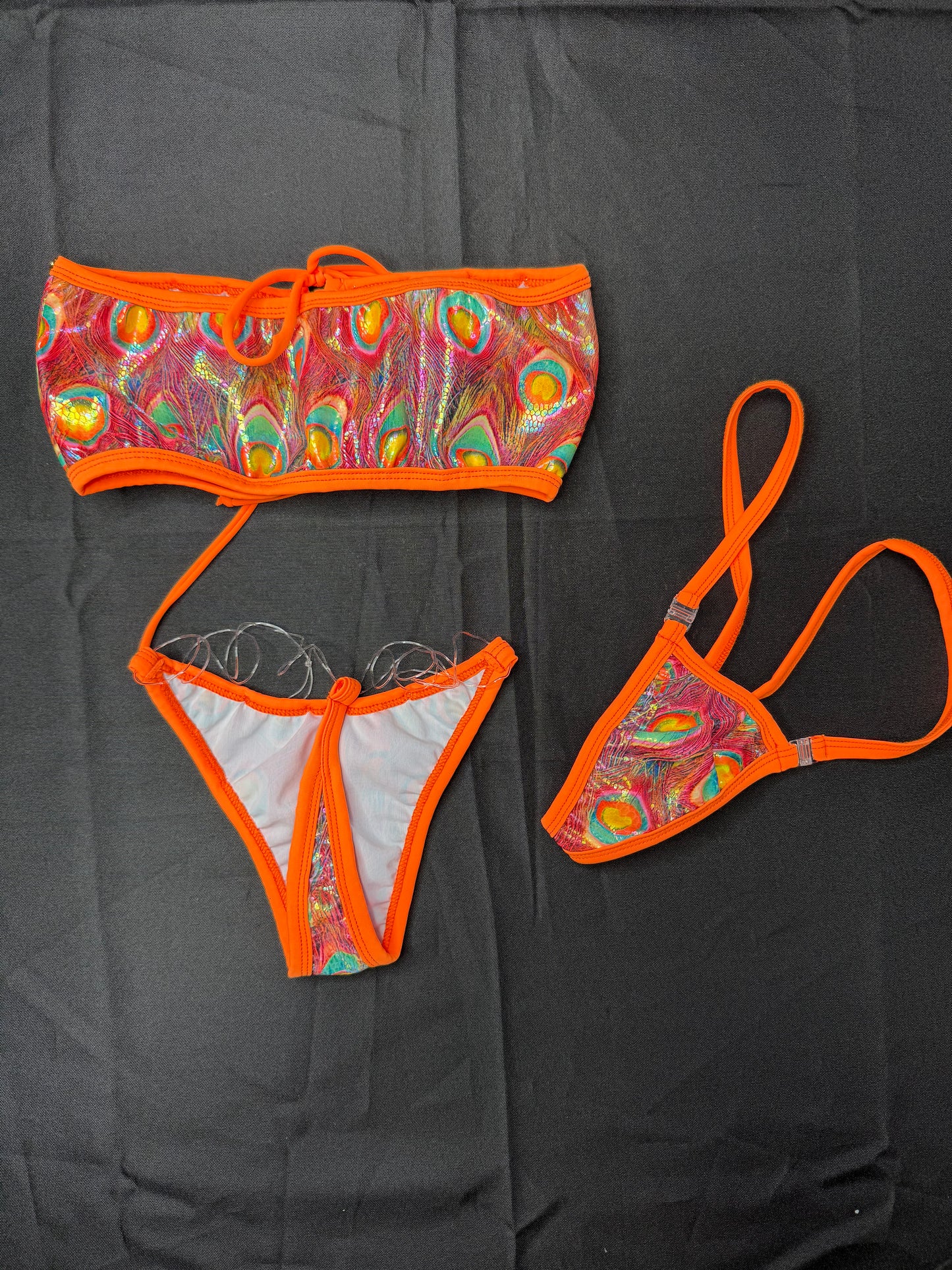 Peacock Animal Print Holographic Spandex Two-Piece Tube Top/Silicone String Bottoms Bikini Lingerie Outfit