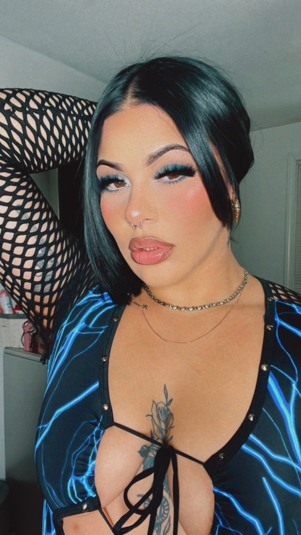 Blue Lightning/Black Fishnet One-Piece Bartender Romper Outfit