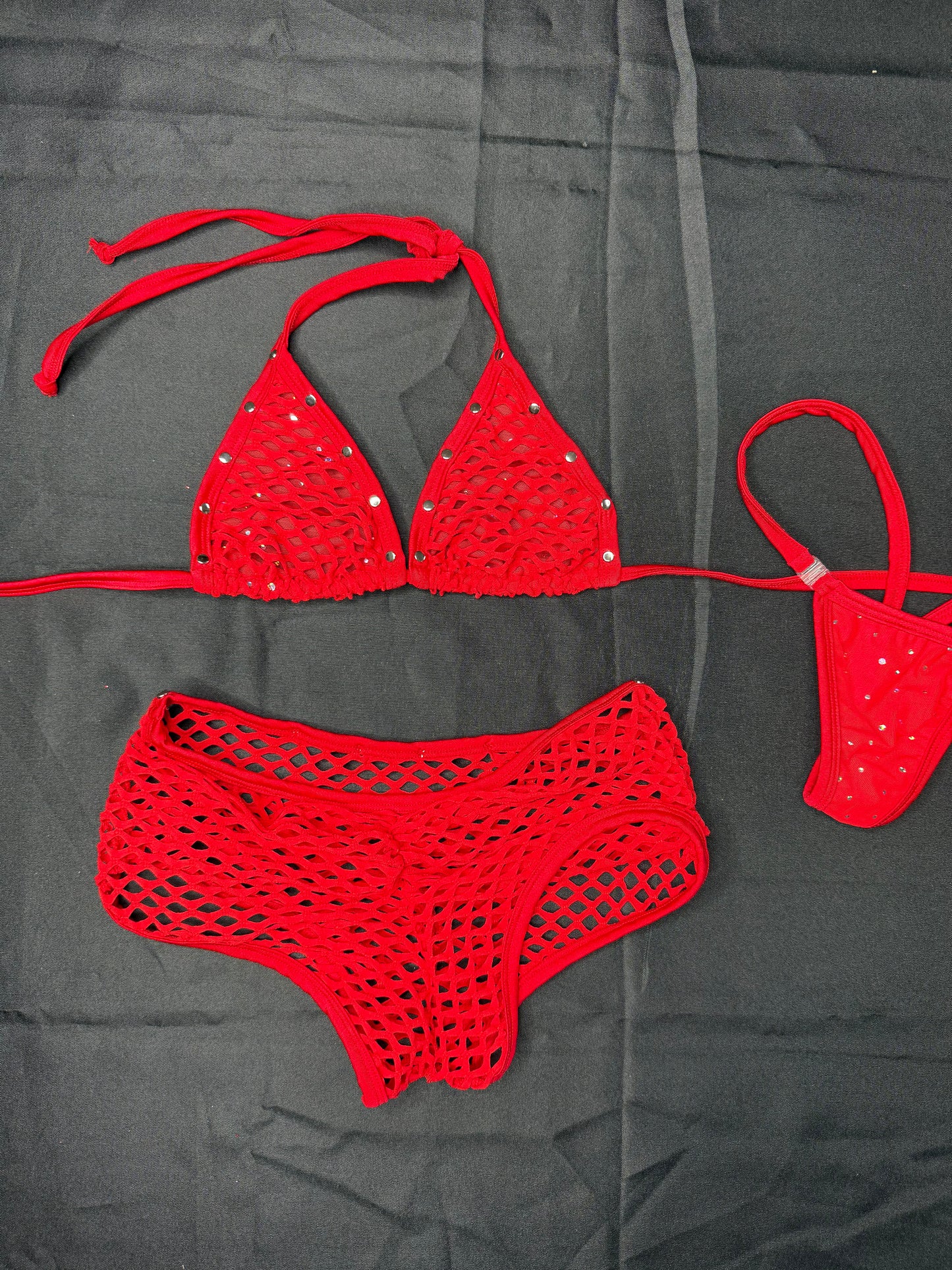 Red Fishnet Bikini Top/Shorts Two-Piece Lingerie Outfit