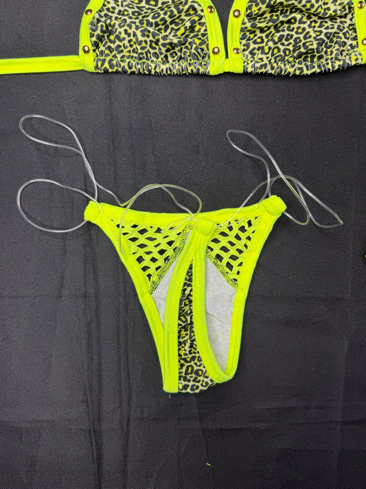 Neon Yellow/Animal Print Spandex Two-Piece Bikini Lingerie Outfit