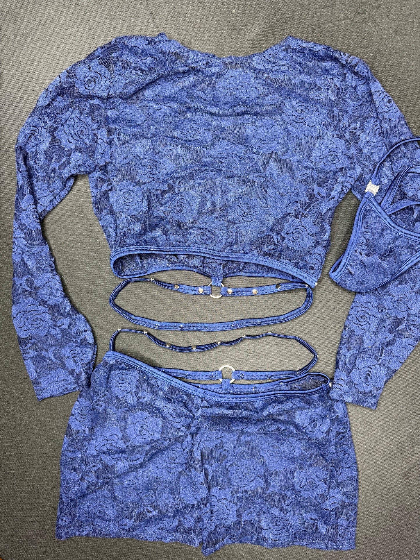 Navy Lace Long Sleeve Two-Piece Shorts Lingerie Outfit