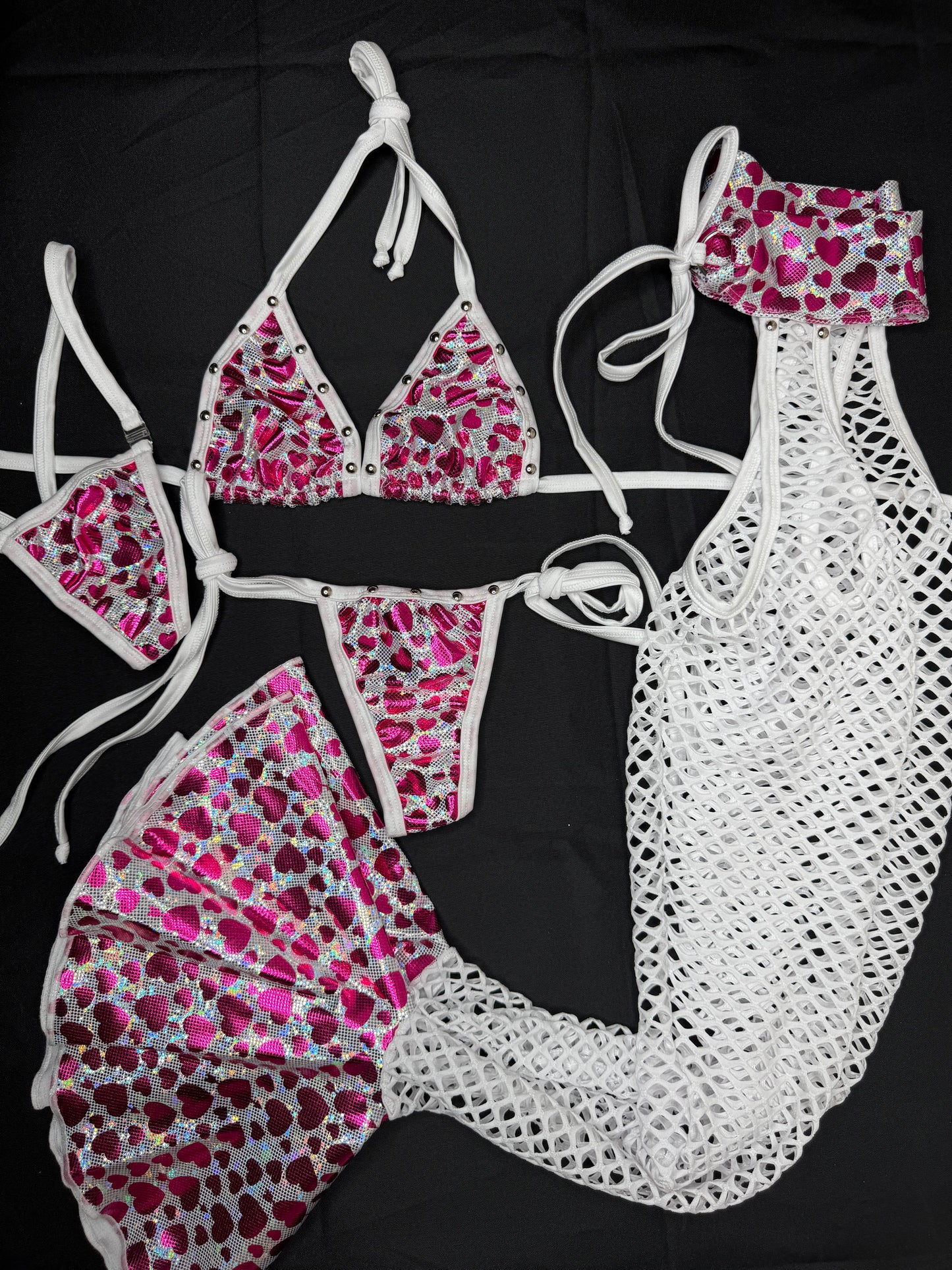 Metallic Heart Spandex Bikini Top/Side Tie Bikini Chaps Leg Lingerie Outfit