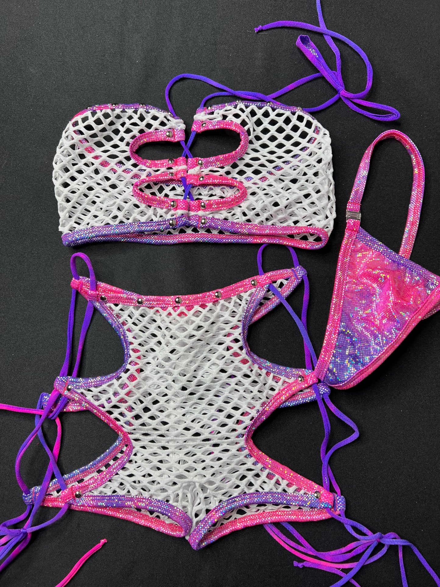 White Fishnet/Purple/Pink Shorts/Tube Top Lingerie Outfit