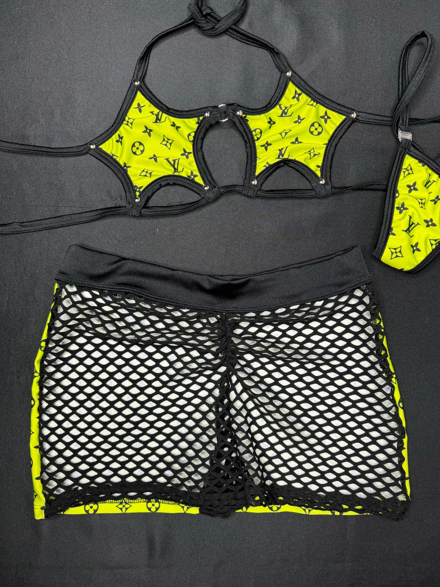 Neon Yellow/Black Fishnet Star Top/Shorts Two/-Piece Lingerie Outfit