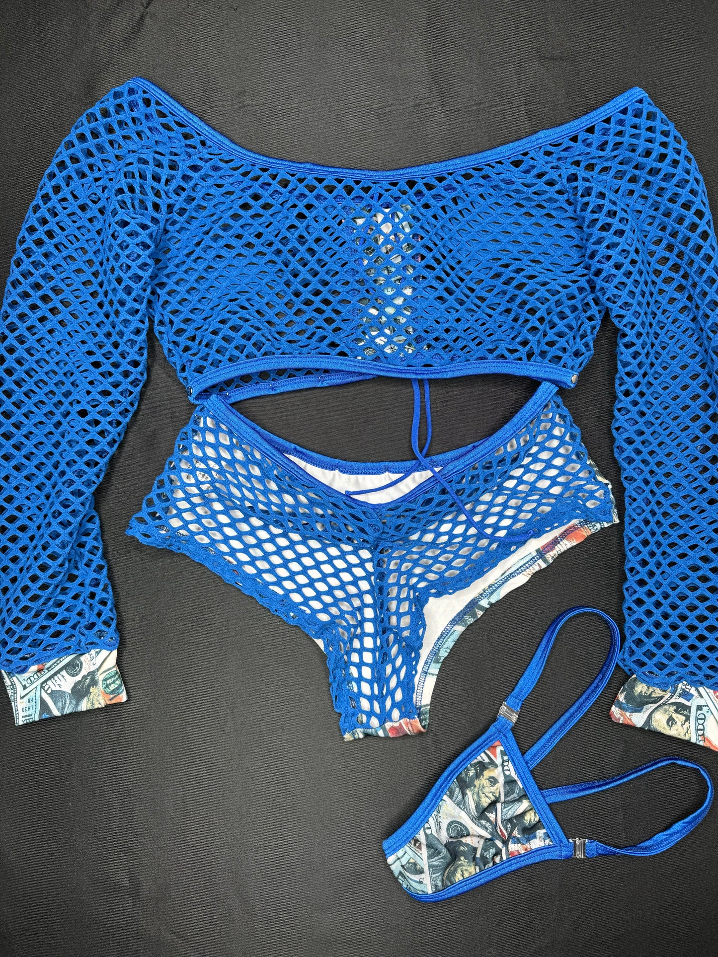 Money Print Blueface/Blue Fishnet Shorts/Long Sleeve Two-Piece Lingerie Outfit