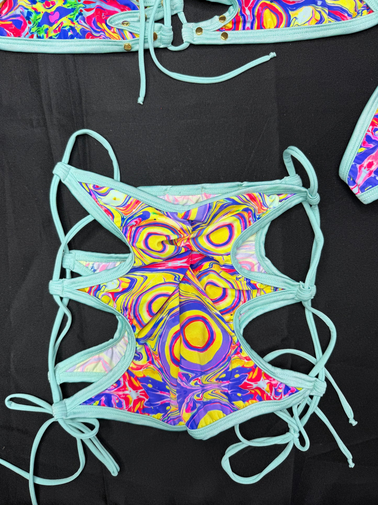 Cyan/Multi Color Spandex Two-Piece Shorts Lingerie Outfit