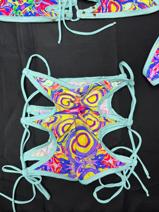 Cyan/Multi Color Spandex Two-Piece Shorts Lingerie Outfit