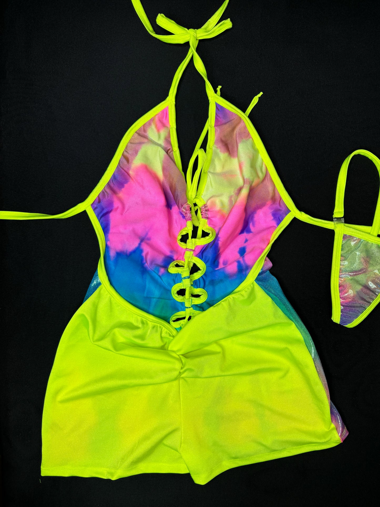 Neon Yellow/Rainbow One-Piece Lingerie Outfit