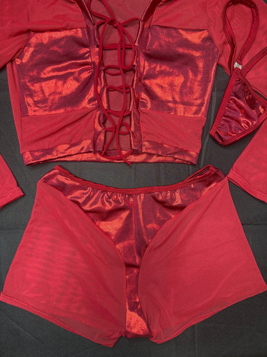 Metallic Burgundy Spandex/Burgundy Mesh Long Sleeve/Shorts Two-Piece Lingerie Outfit