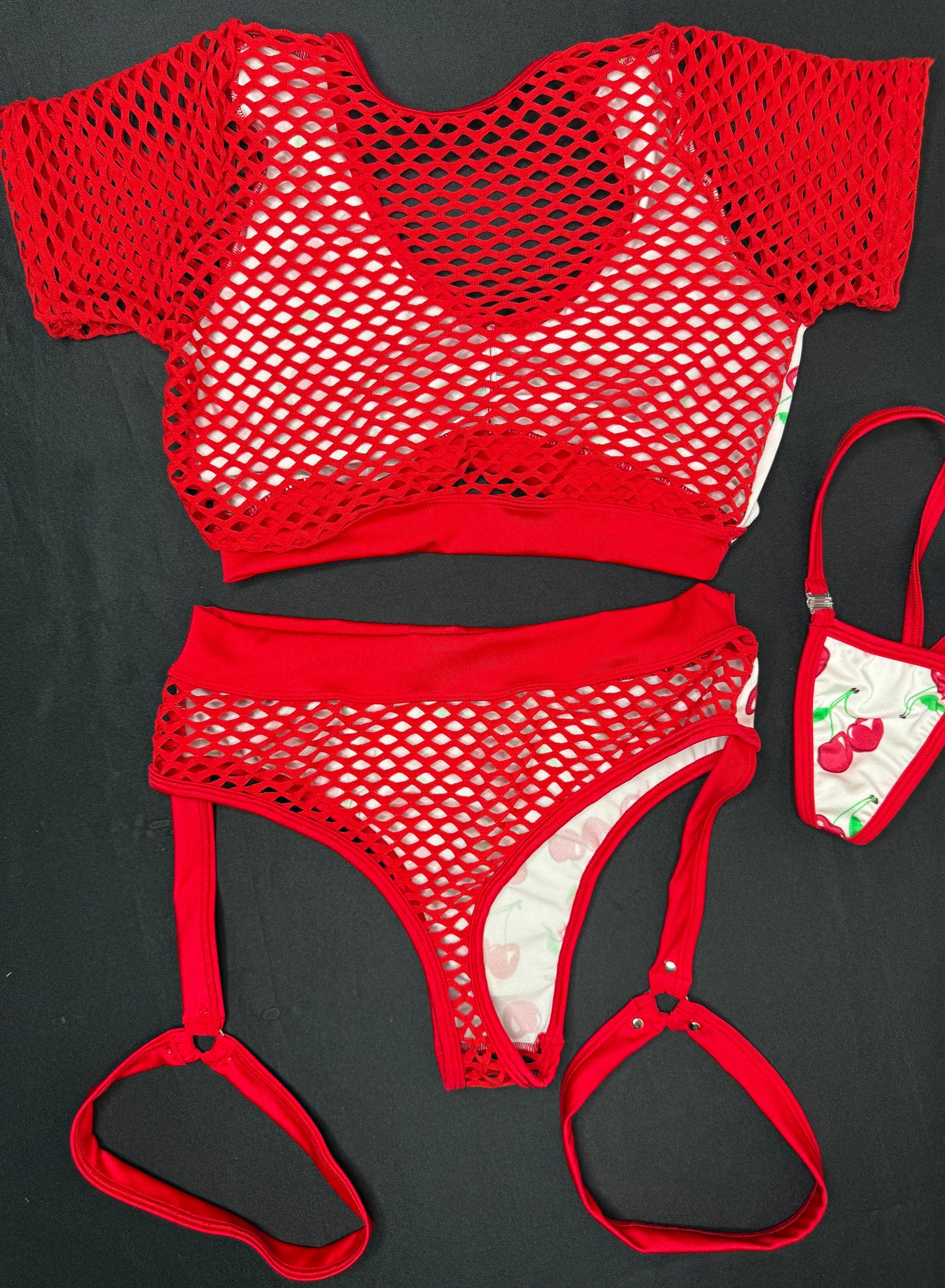 White Cherries/Red Spandex/Fishnet Two-Piece Short Sleeve Top/Garter Shorts Lingerie Outfit