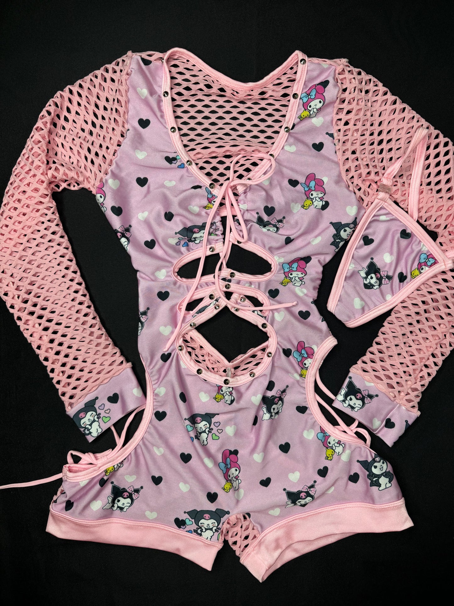 Baby Pink Kuromi One-Piece Fishnet Romper Lingerie Outfit