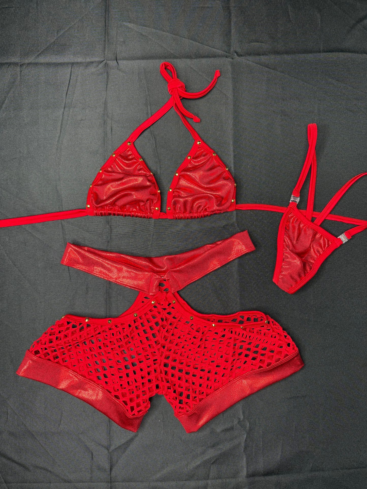 Metallic Red Spandex Bikini Top/Shorts Two-Piece Lingerie Outfit