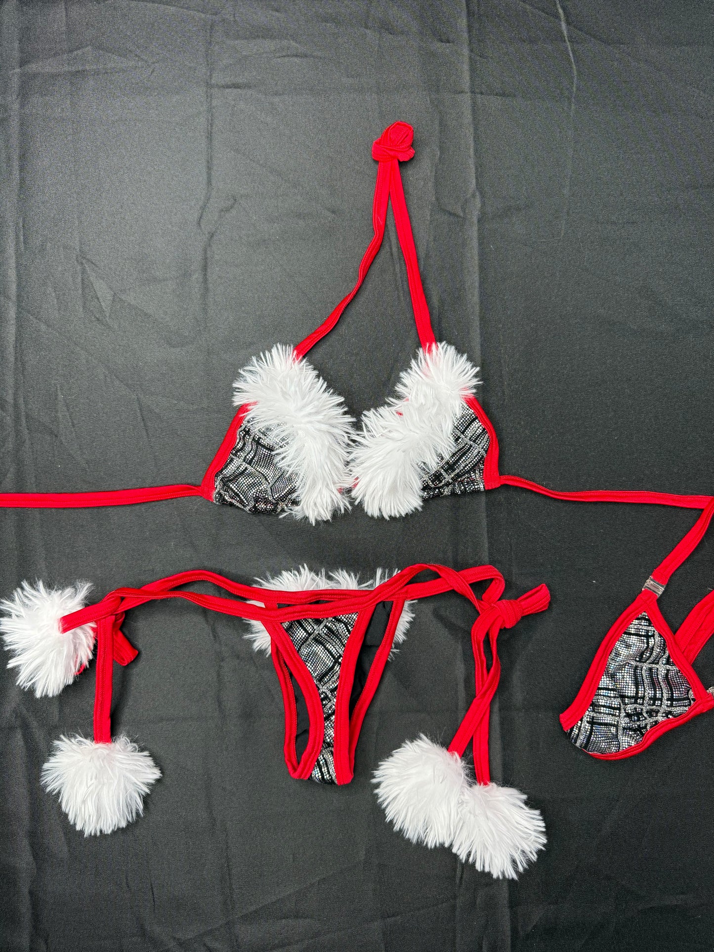Red Mesh/White Fur & Silver Spandex Three-Piece Christmas Lingerie Outfit