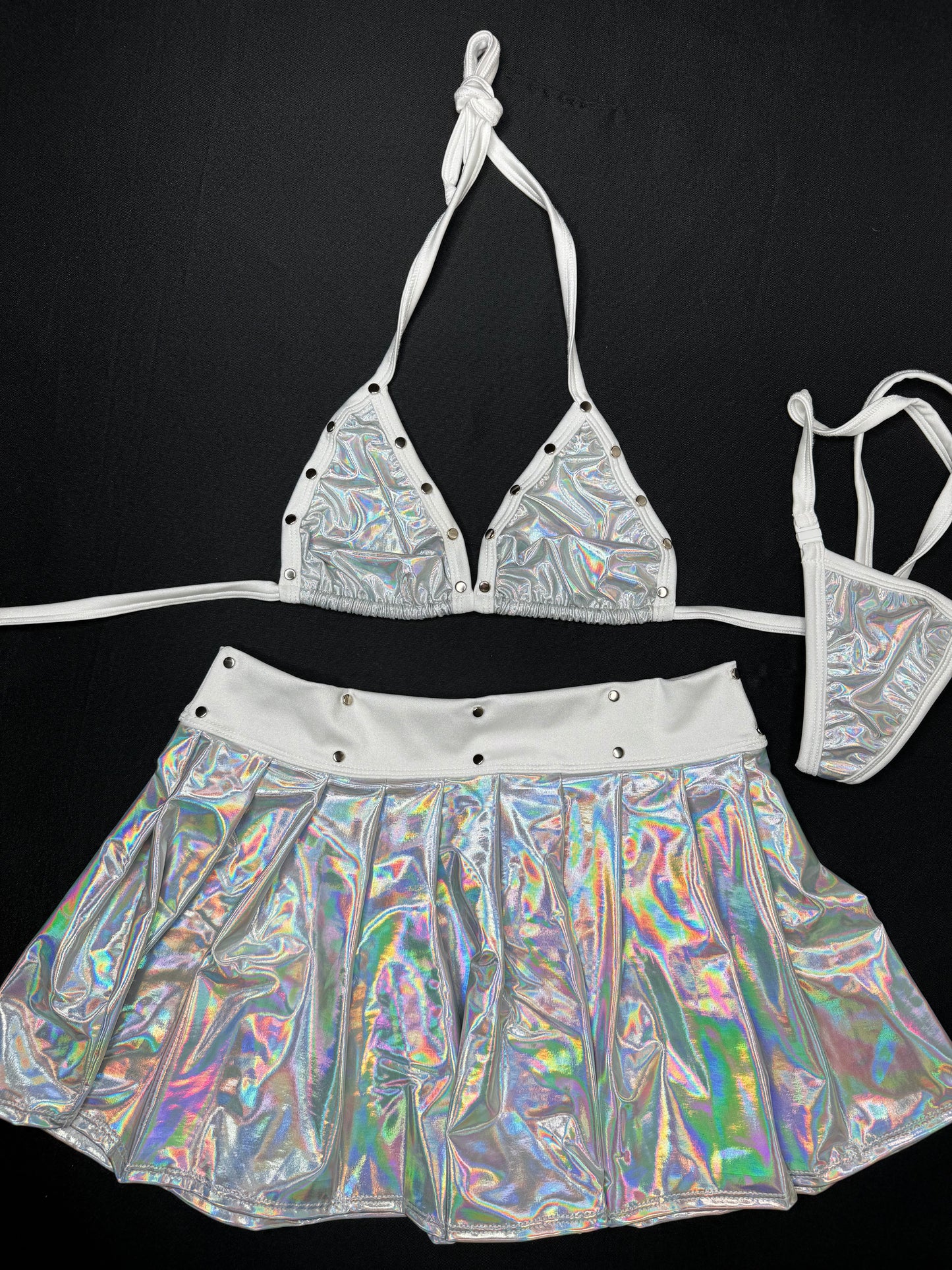 Chrome/White Bikini Top/Skirt Two-Piece Lingerie Outfit
