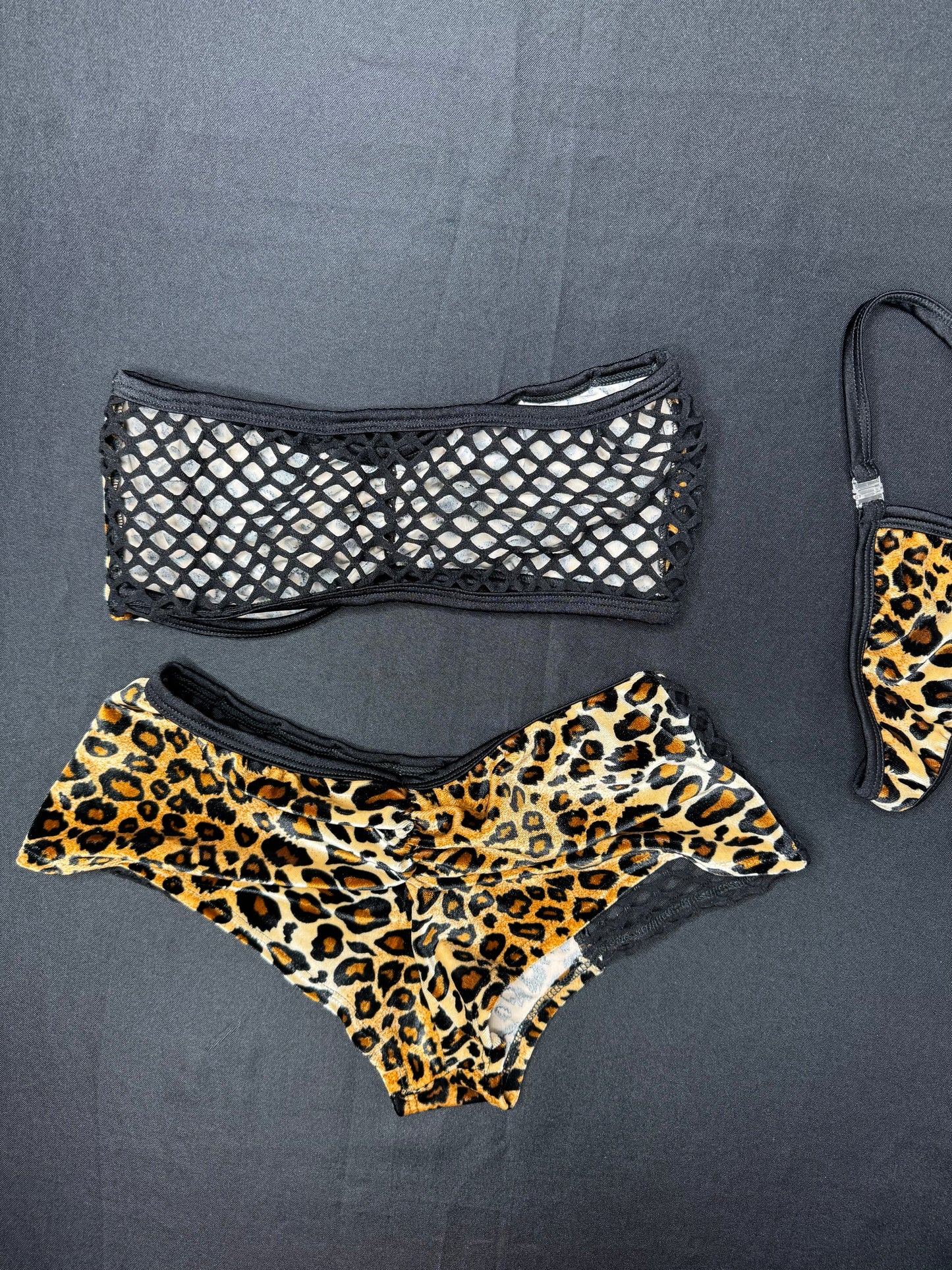 Animal Print Velvet/Fishnet Tube Top/Shorts Two-Piece Lingerie Outfit