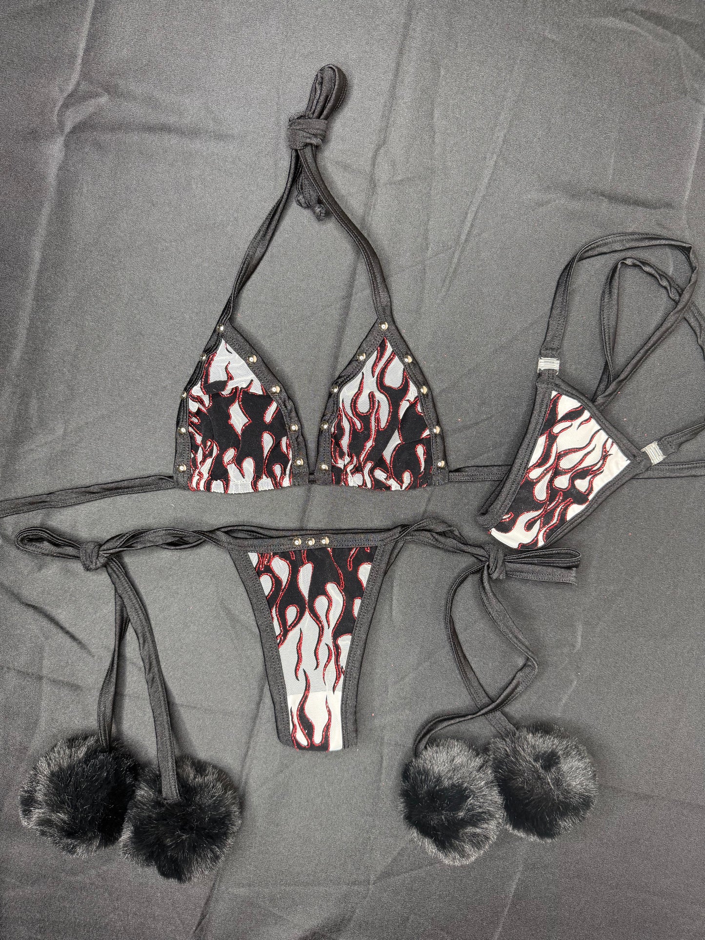 White Mesh Flame/Black Spandex Fur Two-Piece Lingerie Outfit