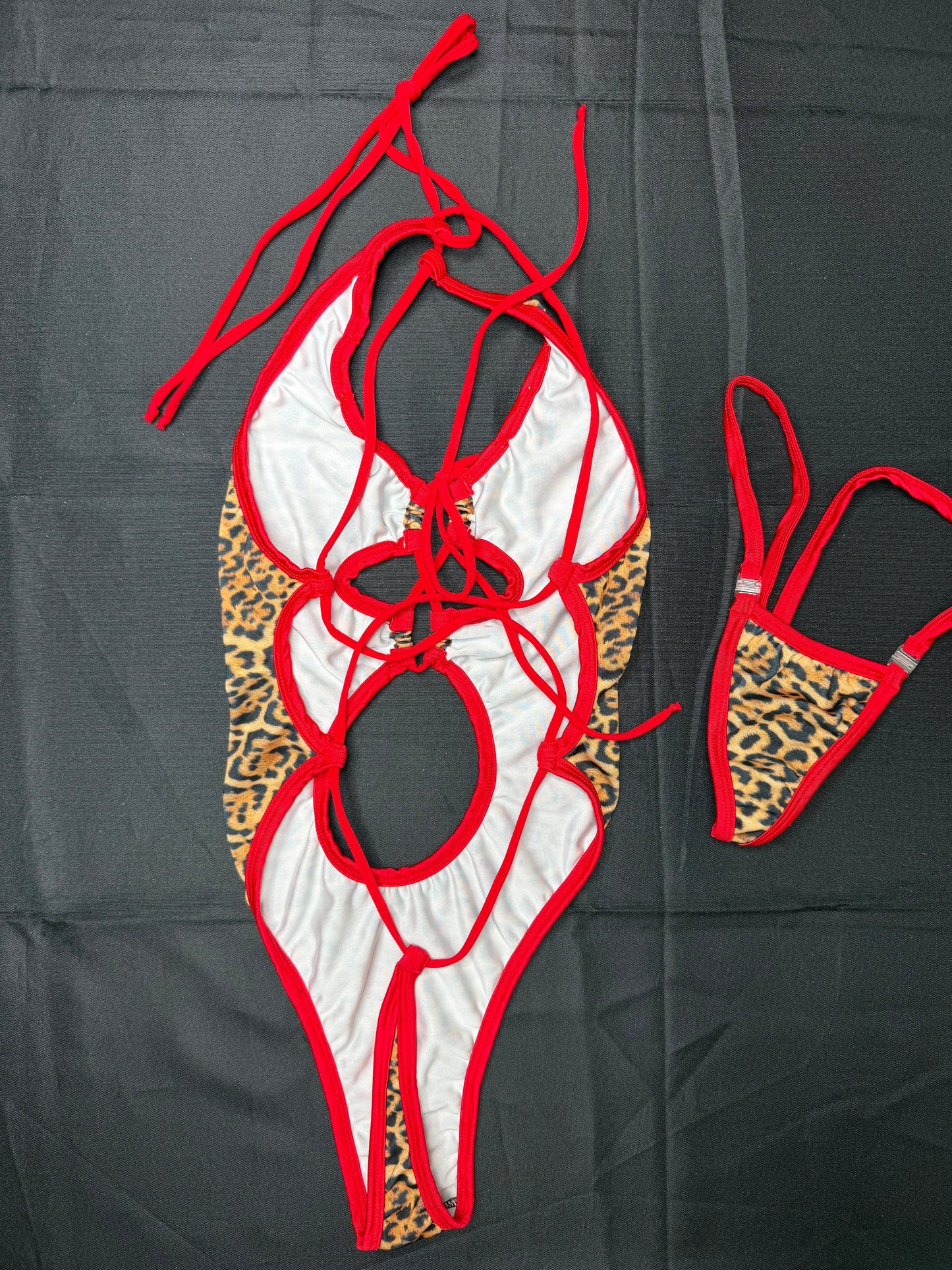 Leopard Animal Print/Red Spandex One-Piece Lingerie Outfit
