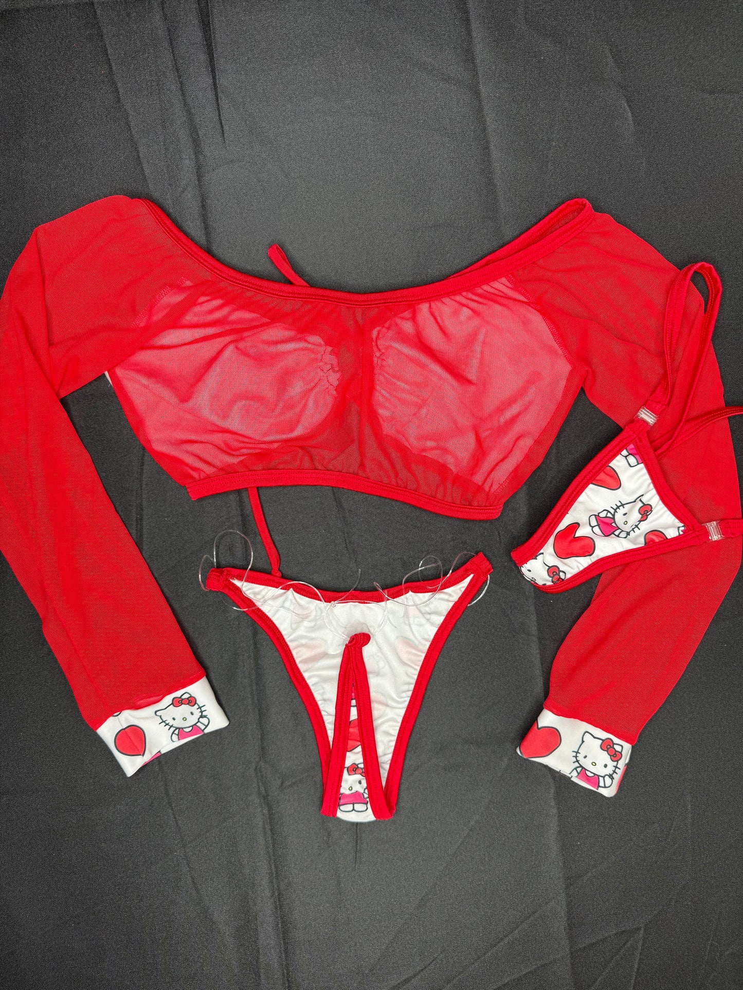 Heart Kitty Print Spandex/Red Mesh Two-Piece Lingerie Outfit
