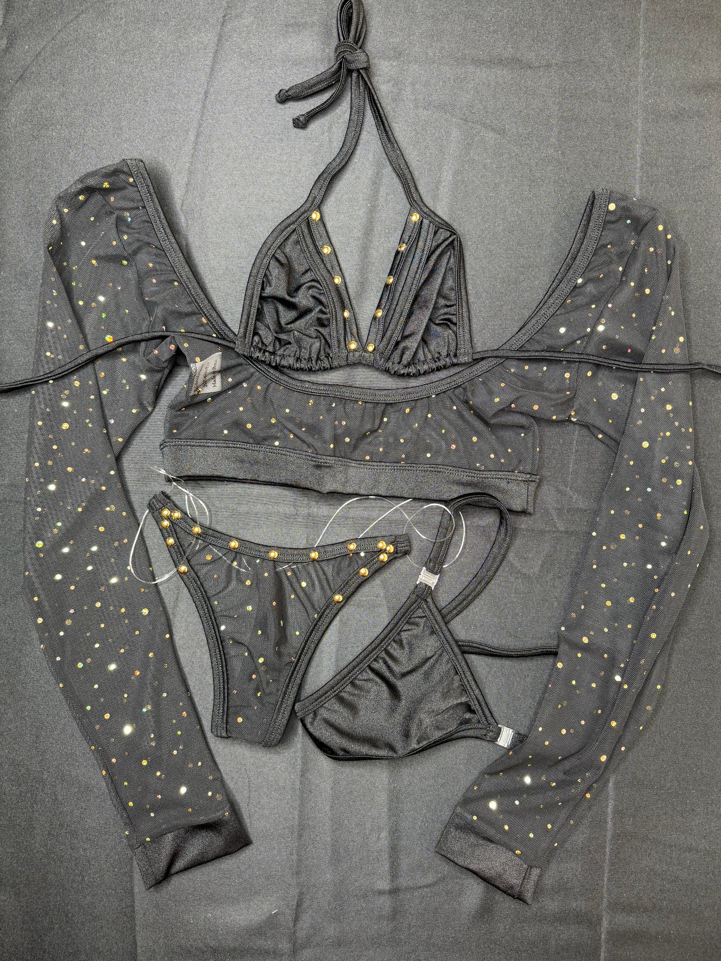 Black Mesh Three-Piece Exotic Dance Wear Outfit