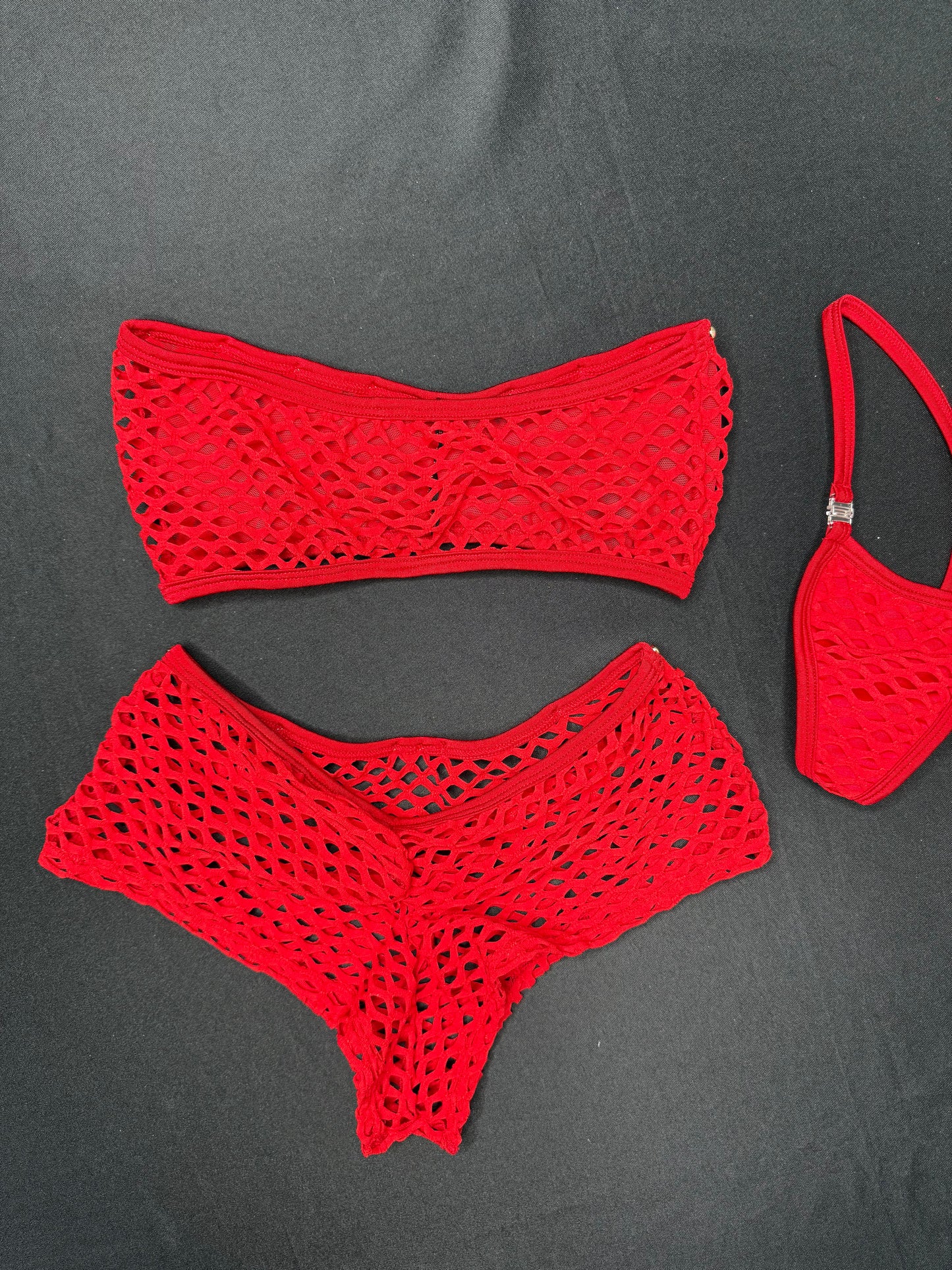 Red Fishnet/Mesh Tube Top Red Fishnet Shorts Two-Piece Lingerie Outfit