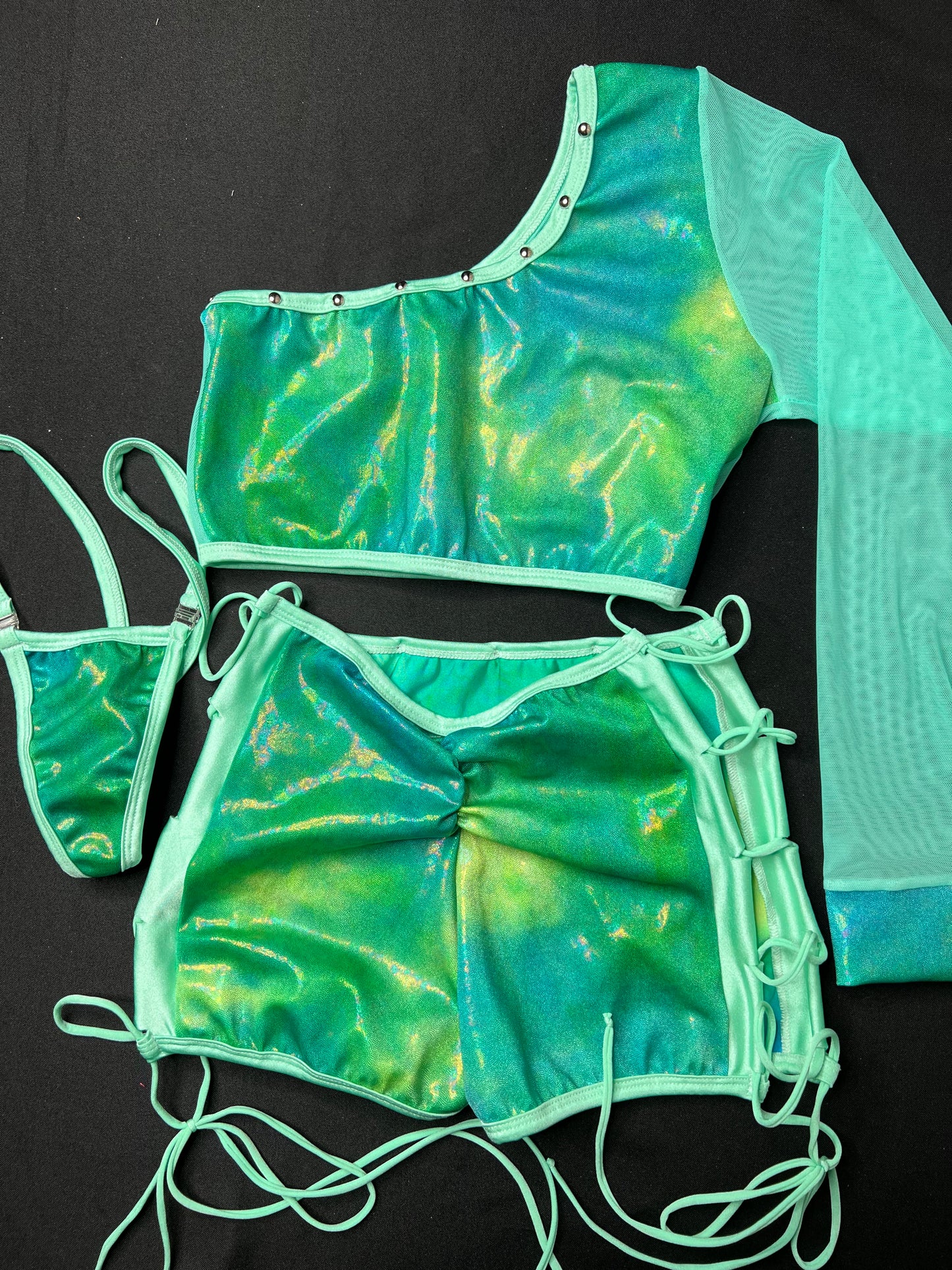 Mint/Tie-Dye Green Single Sleeve/Shorts Two-Piece Lingerie Outfit