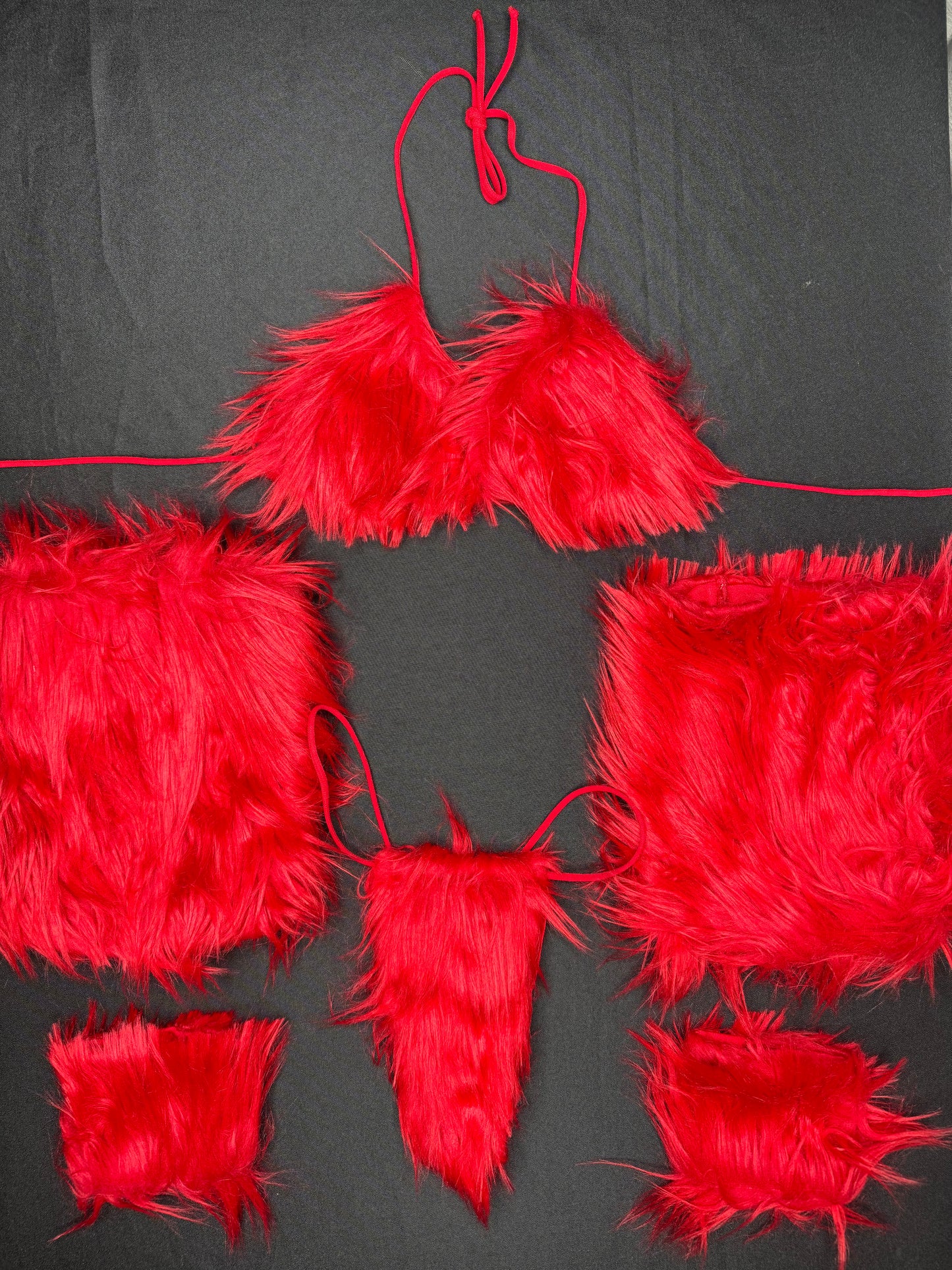 Red Fur 4-Piece Bikini Top/Thong Wrist & Armlet Lingerie Outfit