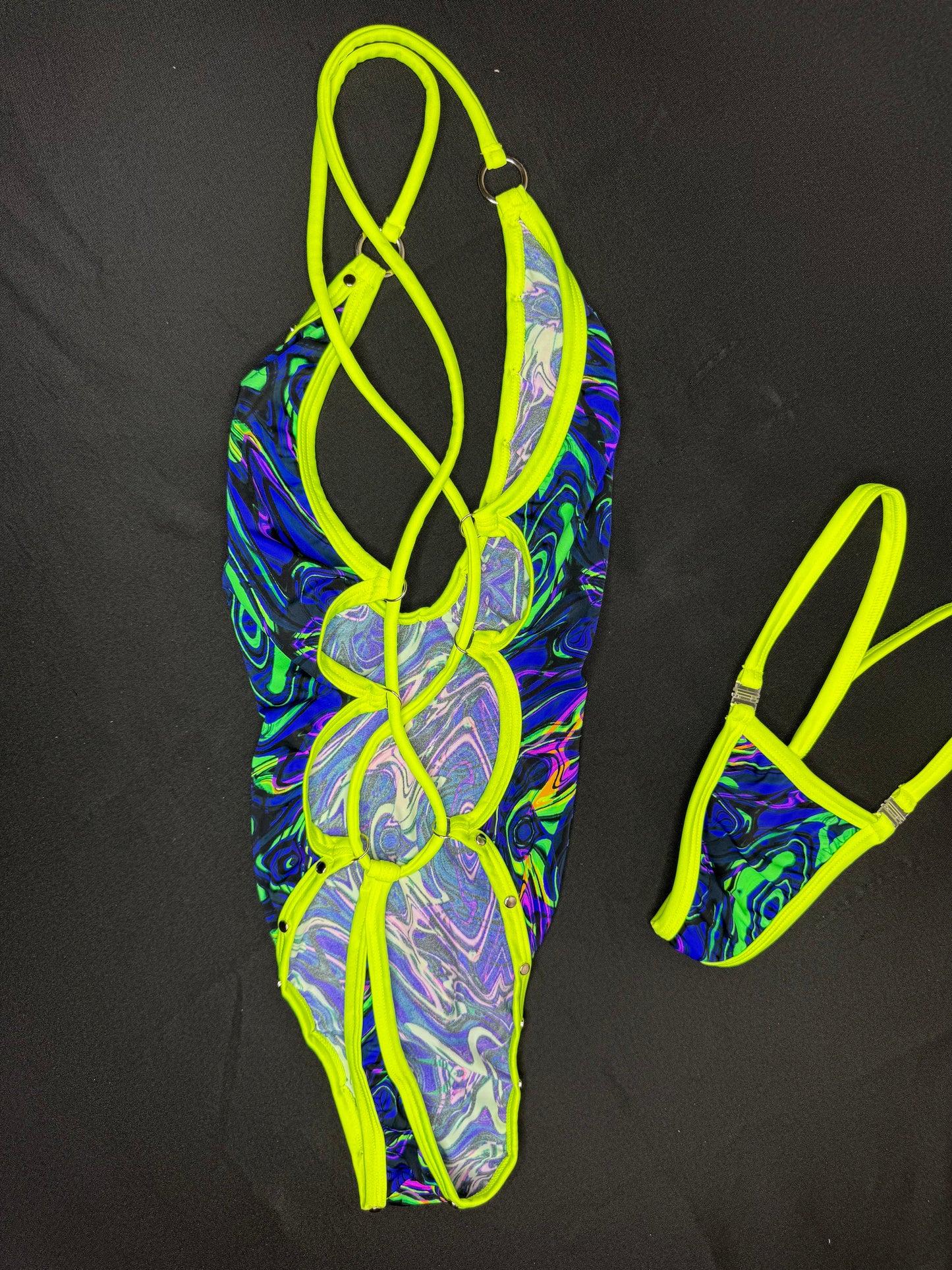 Trippy Print/Yellow Spandex One-Piece Lingerie Outfit