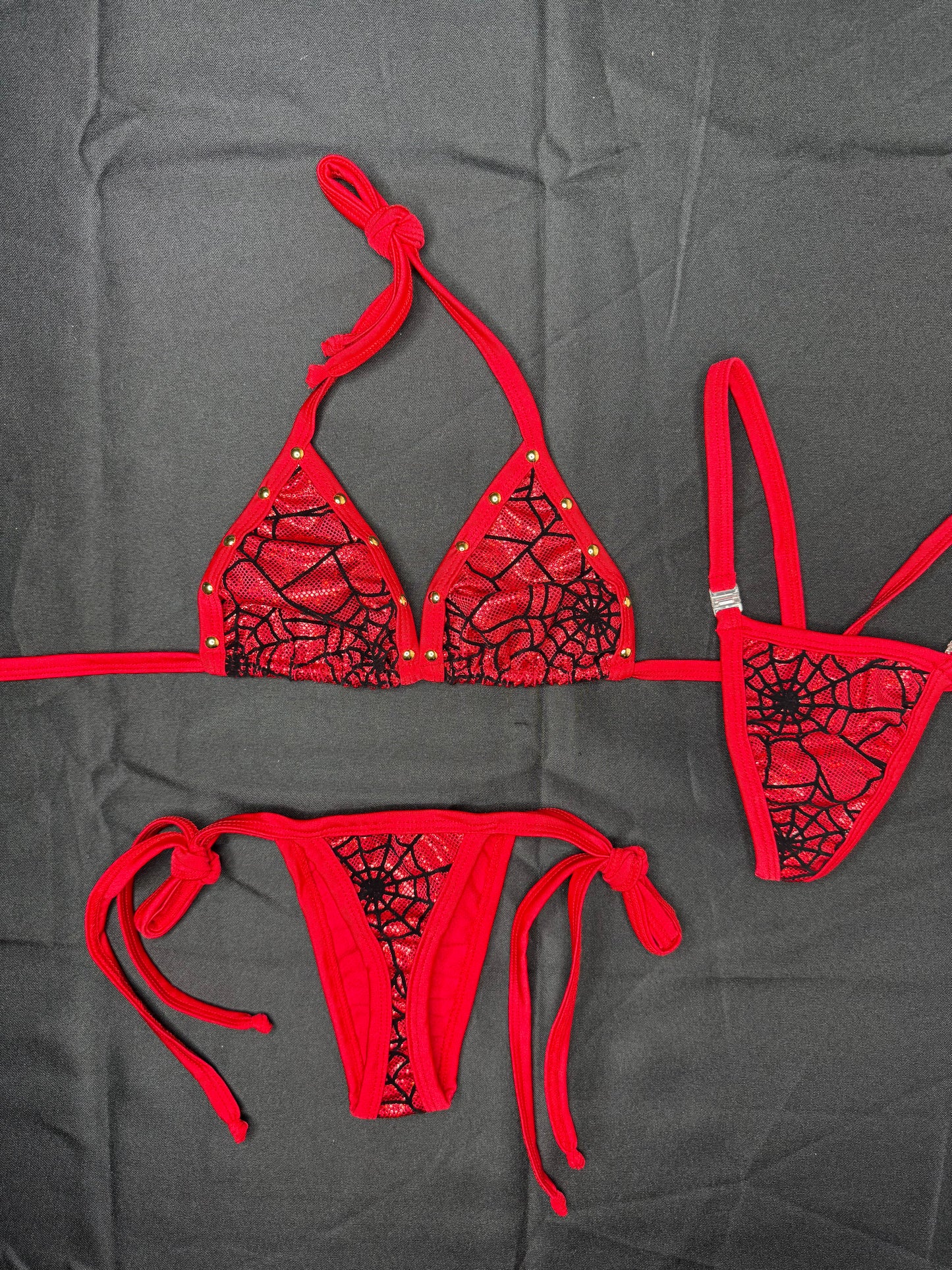 Red Web Print Spandex Two-Piece Side-Tie Bikini Lingerie Outfit