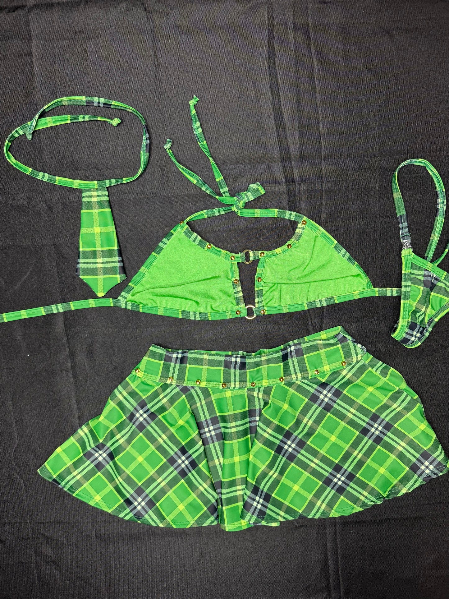 Green/Black Plaid Spandex Bikini Top Skirt with Tie Lingerie Outfit